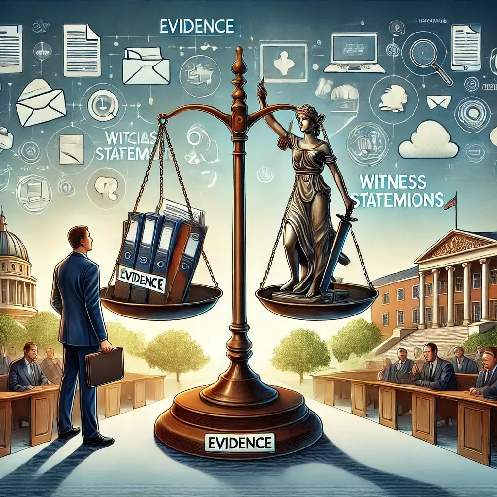 An illustration showing the importance of evidence in Title IX cases. The image features a balance scale with evidence-related items: documents, emails, and social media icons on one side, and photographs, witness statements, and videos on the other. In the background, a university campus transitions into a courtroom, representing the overlap of educational and legal systems. A Title IX attorney is guiding an individual, holding a file labeled