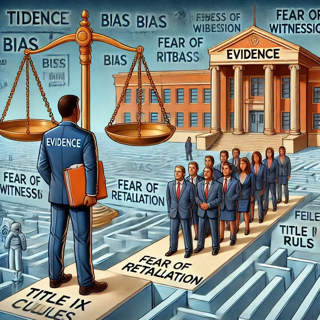 An illustration highlighting the challenges of evidence collection in Title IX cases. A person holds a folder labeled