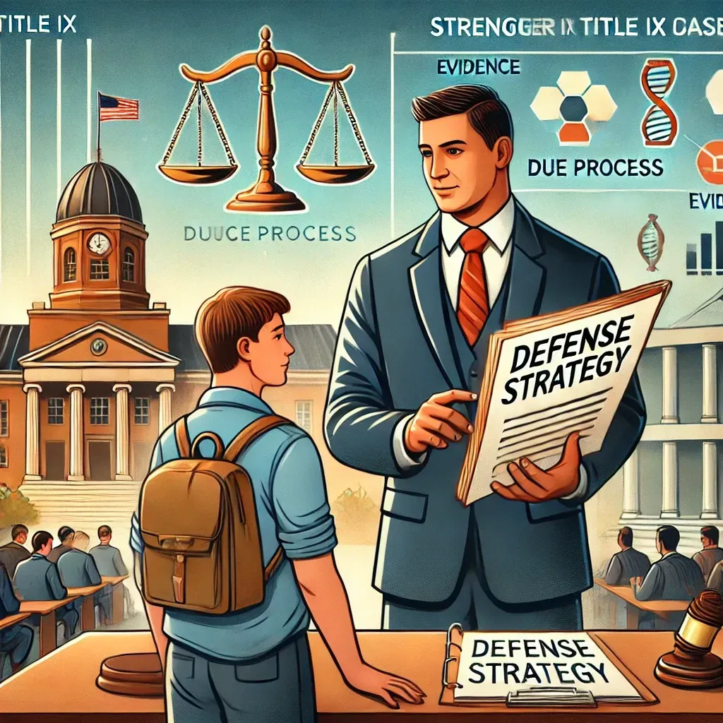 An illustration showing a confident Title IX lawyer standing beside a student, reviewing a file labeled
