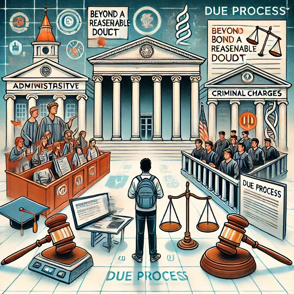 An illustration highlighting the intersection of Title IX proceedings and criminal charges. The image features a split screen: one side shows a university campus with Title IX icons, including a document labeled