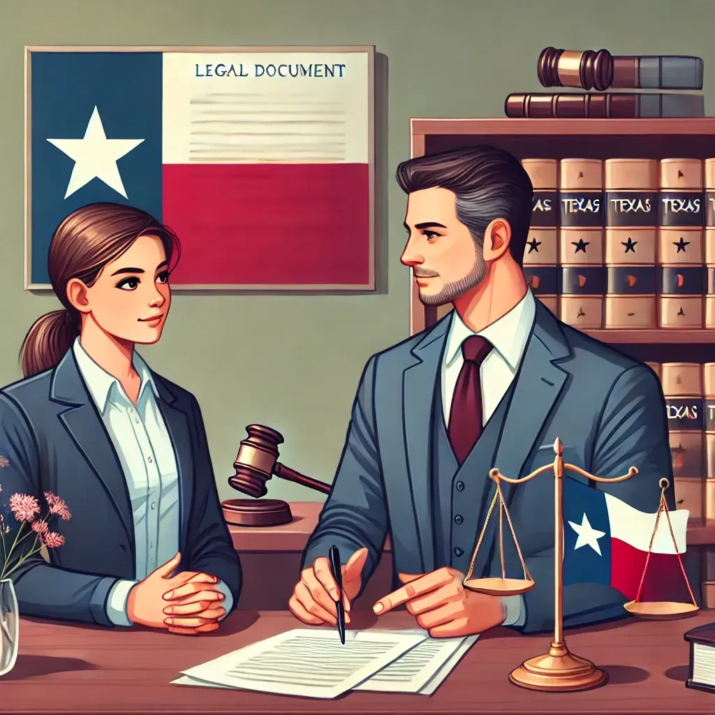 A professional Texas educator consults with an experienced attorney in a well-lit office. The attorney explains legal documents spread across a desk while the educator listens attentively. The background includes a bookshelf filled with legal texts and a Texas state flag, symbolizing jurisdiction. The atmosphere is professional and reassuring, emphasizing legal advocacy and support for educators.
