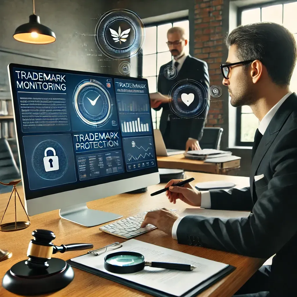 A modern legal office featuring a computer screen displaying a trademark monitoring dashboard with alerts for potential infringements. A lawyer in professional attire is analyzing the screen, while legal documents and a magnifying glass rest on the desk. In the background, a business professional discusses trademark protection strategies with another legal expert. The atmosphere conveys diligence and brand protection through technology and legal expertise.