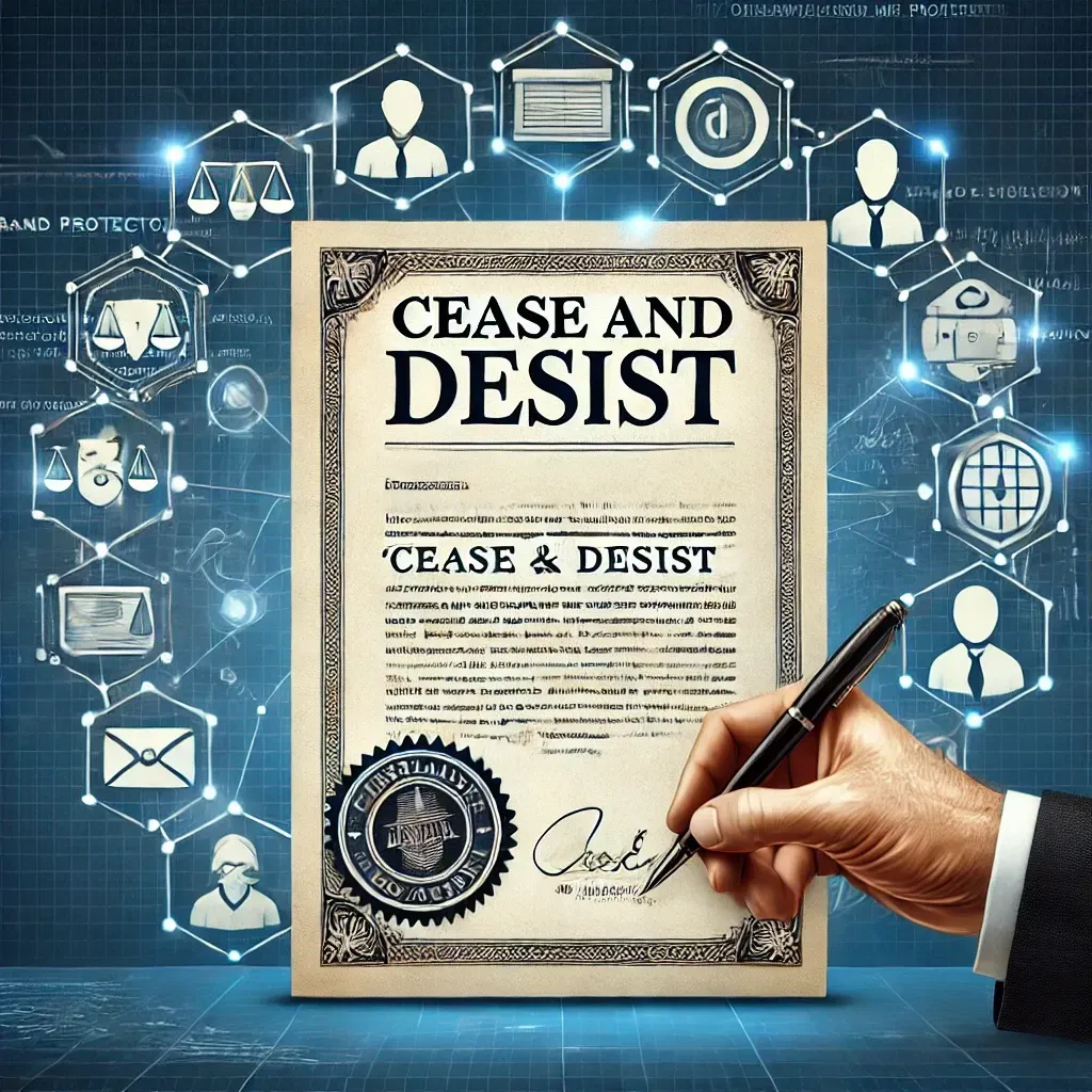 A professional legal concept illustration featuring a formal 'Cease and Desist' document with a signature and legal stamp, symbolizing official action. Surrounding the document are digital icons representing online threats such as trademark infringement, counterfeit products, domain name disputes, and social media impersonation. The background includes a digital security interface, reinforcing the importance of brand protection in the digital space.