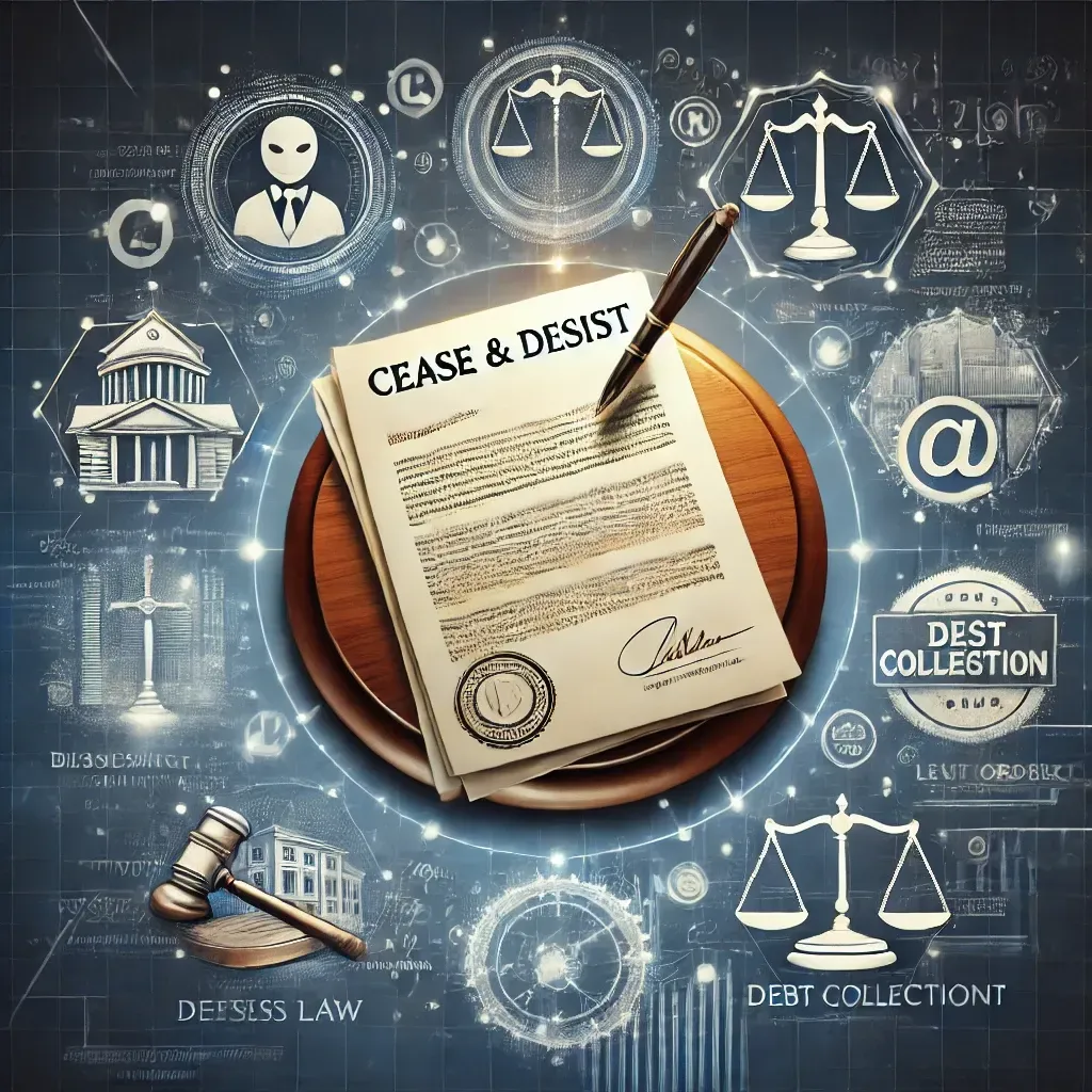 A professional legal illustration showcasing the enforcement of cease and desist letters in various legal contexts. At the center, a formal cease and desist document with a signature and legal stamp symbolizes official action. Surrounding it are legal icons representing business law, debt collection disputes, trademark enforcement, and court orders. The background features a digital security interface and legal scales, symbolizing justice and enforcement.