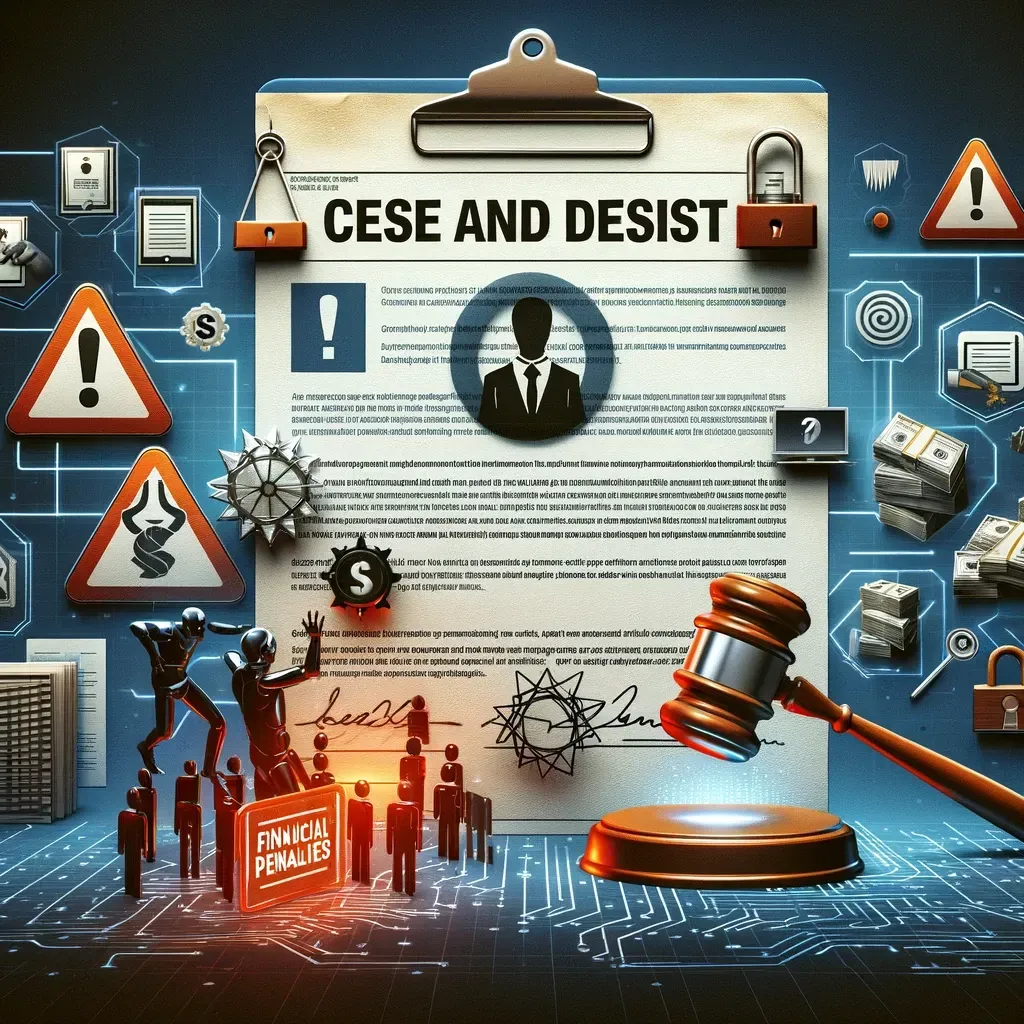 A legal illustration showing the escalating consequences of ignoring a cease and desist letter. At the center, a cease and desist document features a warning symbol. Surrounding it are visuals representing a lawsuit filing, financial penalties, a temporary restraining order, and a courtroom scene with a judge’s gavel. The background includes digital security elements, symbolizing brand protection and intellectual property enforcement.