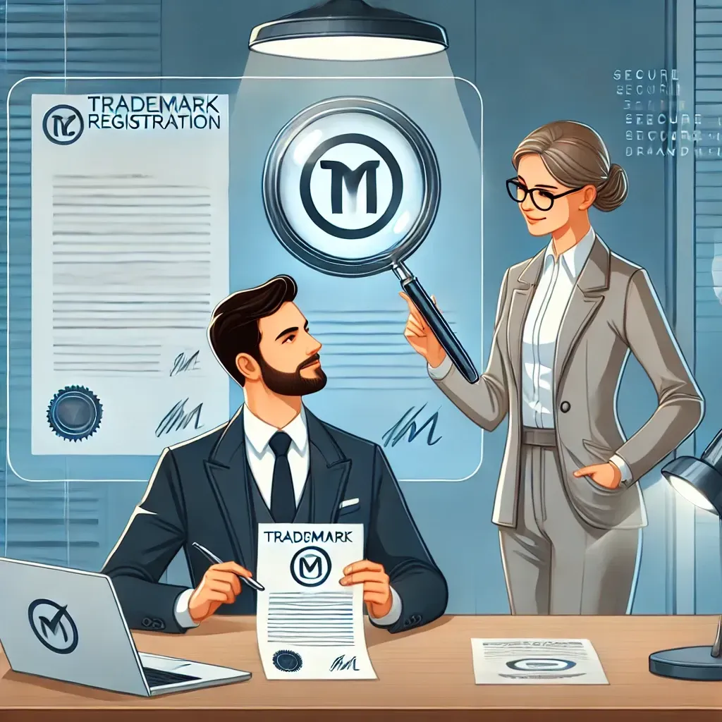 A professional entrepreneur in a modern office reviews trademark documents with a lawyer. The entrepreneur holds a pen confidently, while the lawyer points to a document with a magnifying glass highlighting a trademark symbol (™). A laptop on the desk displays a legal trademark registration form. In the background, a digital screen shows a secure brand name with a checkmark, symbolizing brand protection. The office has a sleek, contemporary design with neutral tones.