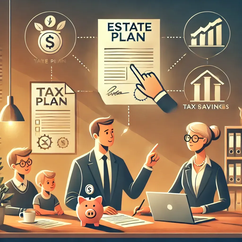 A financial advisor discussing estate planning with a family in a professional office. The advisor is pointing at a document labeled