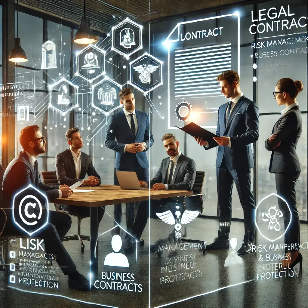 A professional digital illustration of a startup team receiving legal guidance from an attorney, discussing contracts and compliance in a modern office setting.