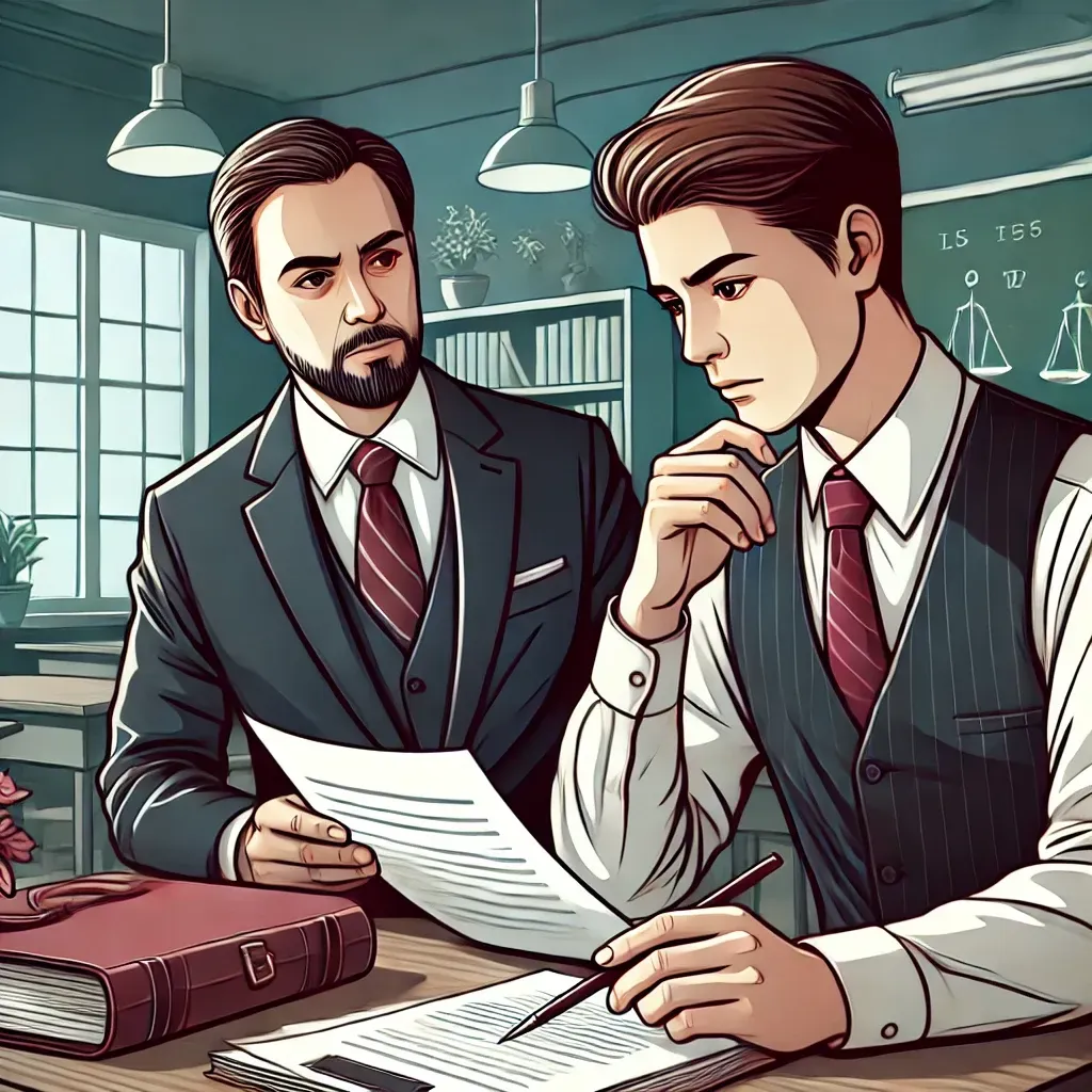 A professional digital illustration of a teacher consulting with a lawyer in a classroom, discussing legal protection and reviewing documents. The background features a chalkboard and bookshelves, emphasizing an educational setting.