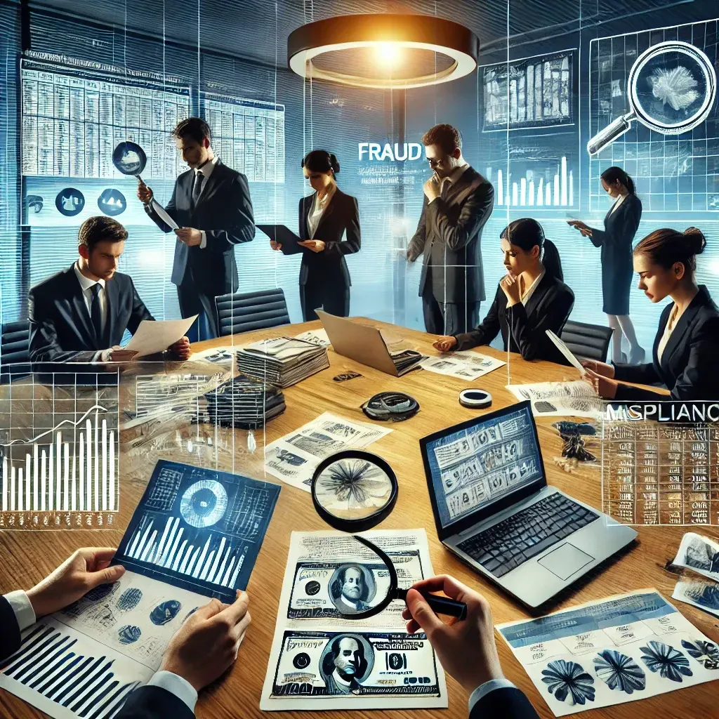 A team of corporate investigators in a modern office analyzing financial statements and digital reports. One investigator examines documents with a magnifying glass, another reviews a report on a laptop, while a third writes key terms such as 'fraud,' 'compliance,' and 'misappropriation' on a whiteboard. The workspace features a conference table, data charts, and office lighting