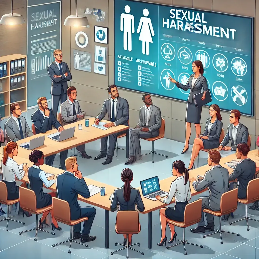 Corporate training session on sexual harassment prevention with diverse employees engaged in legal compliance instruction led by a professional speaker.