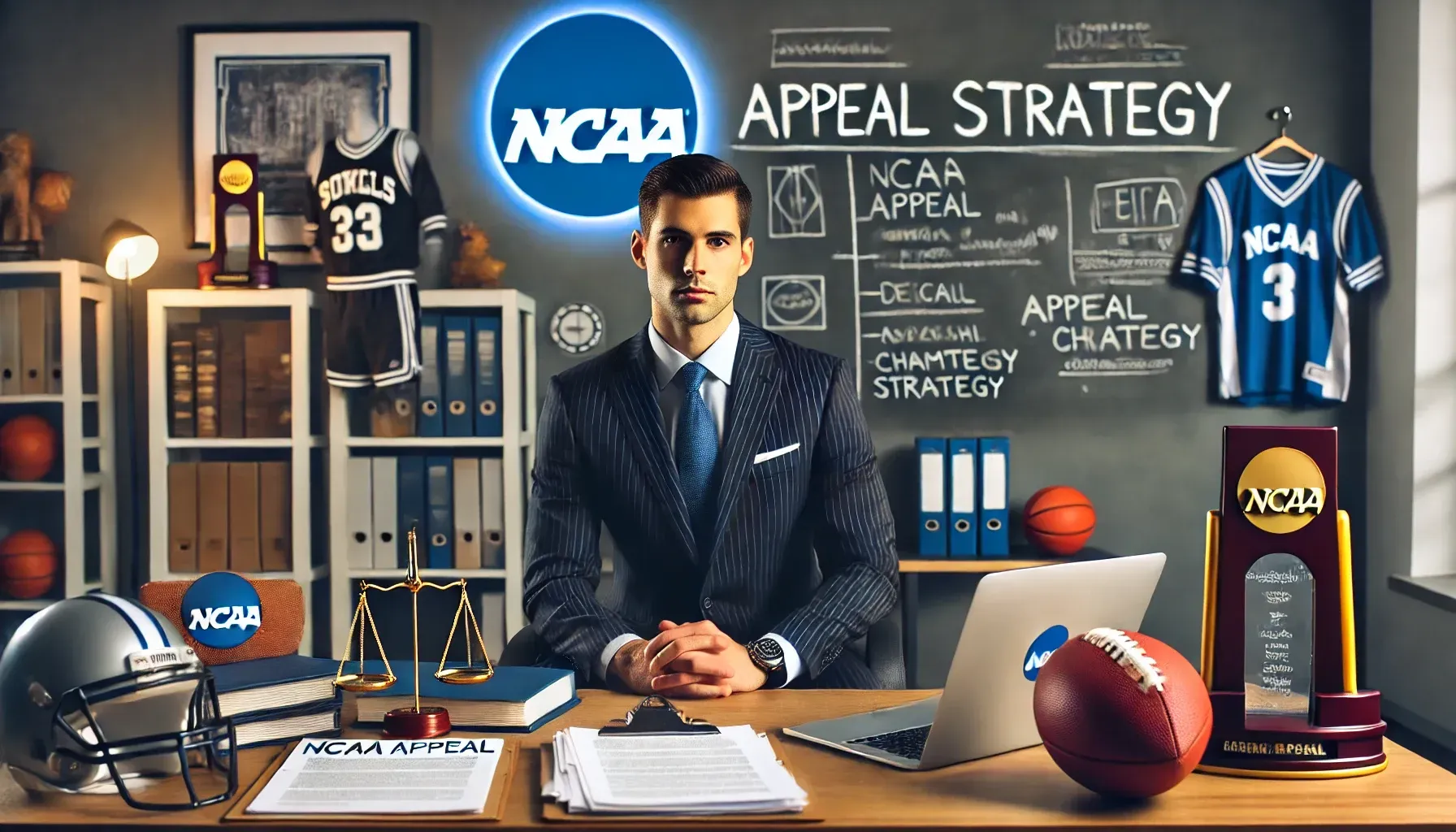 A sports attorney reviews NCAA appeal documents in a modern legal office, preparing a case for a coach facing disciplinary sanctions. The scene includes legal files, strategy notes, and symbols of collegiate athletics to represent the intersection of law and sports.