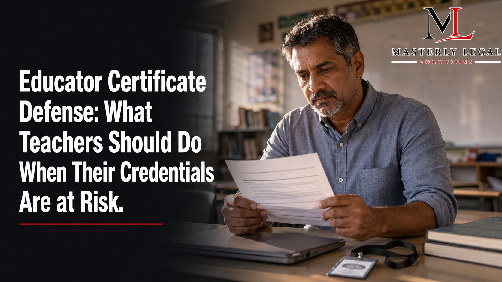 Educator reviewing certificate defense documents during a professional licensing investigation.