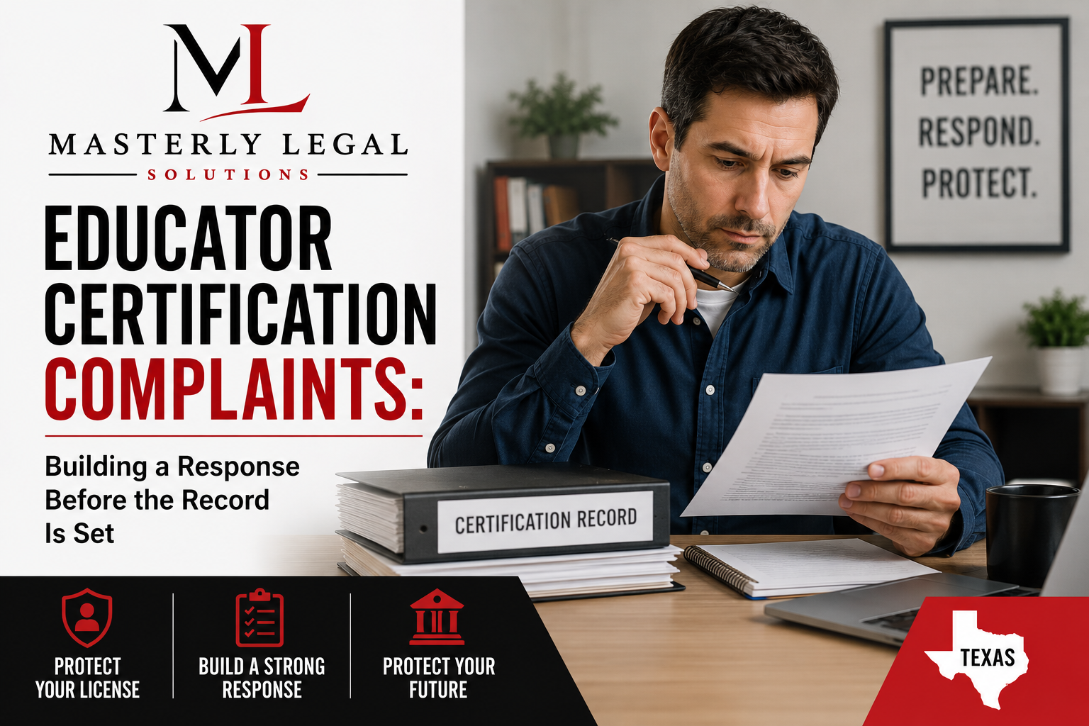 Educator certification attorney reviewing teacher certification complaint with educator in Texas