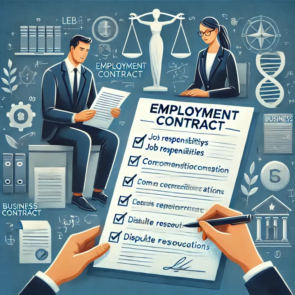 A man and a woman are sitting at a table looking at an employment contract.