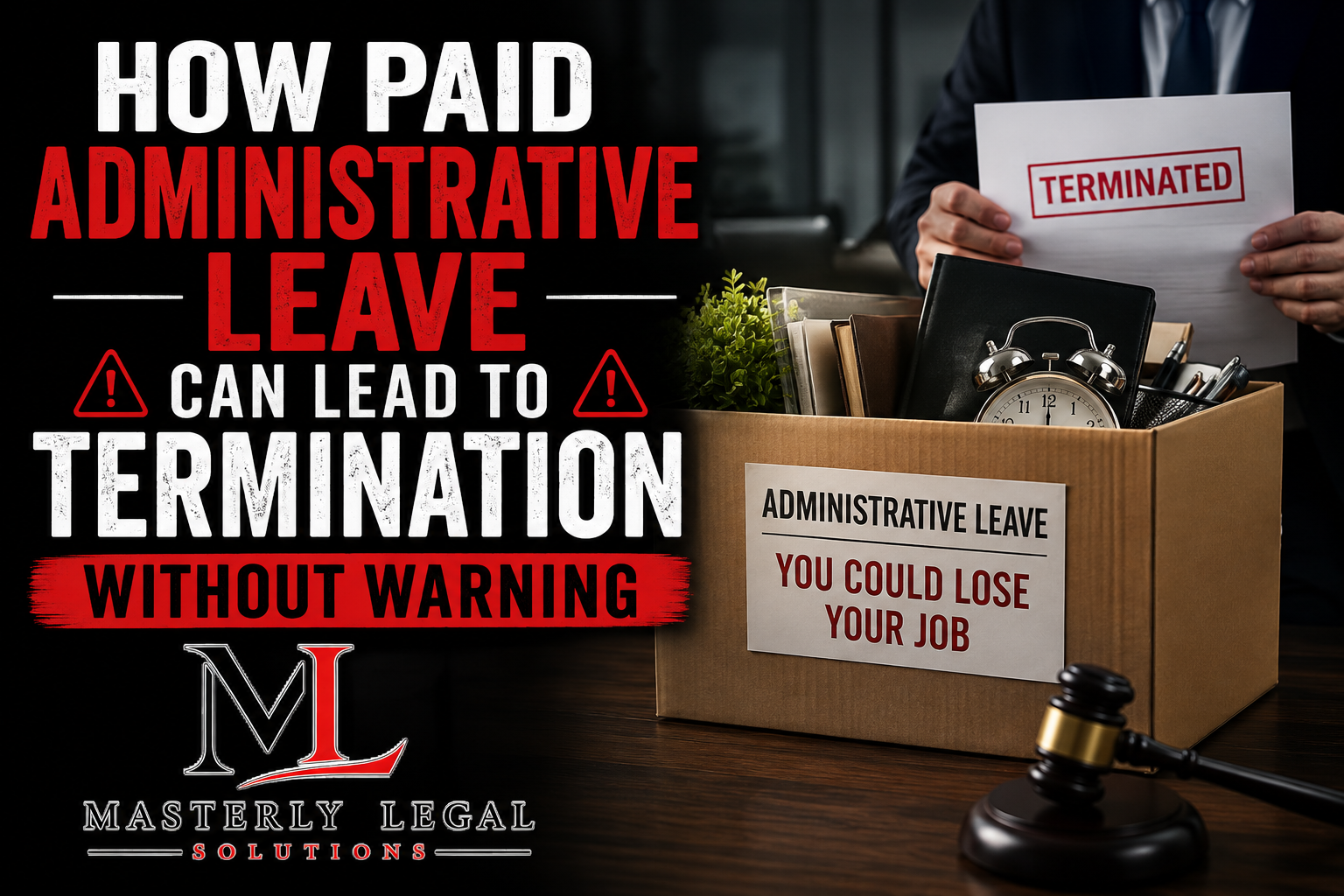 Graphic reading “How paid administrative leave can lead to termination without warning,” with a box labeled “terminated” and a gavel.