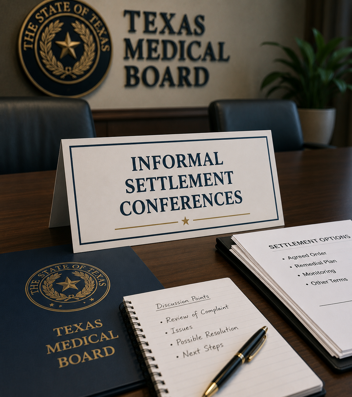 Texas Medical Board desk with “Informal Settlement Conferences” sign and paperwork in a conference room
