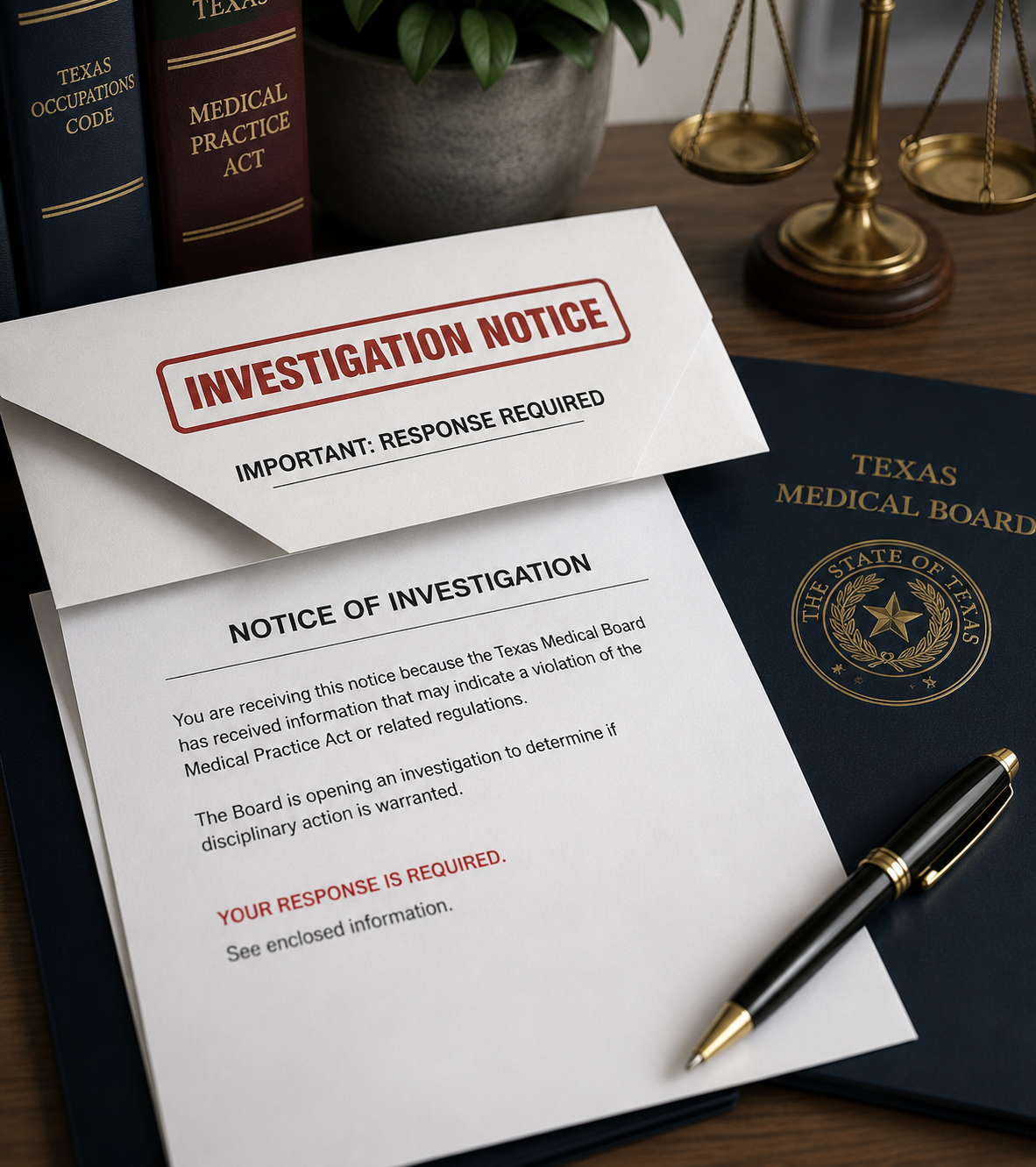 Investigation notice and medical board documents on a desk with a pen and books