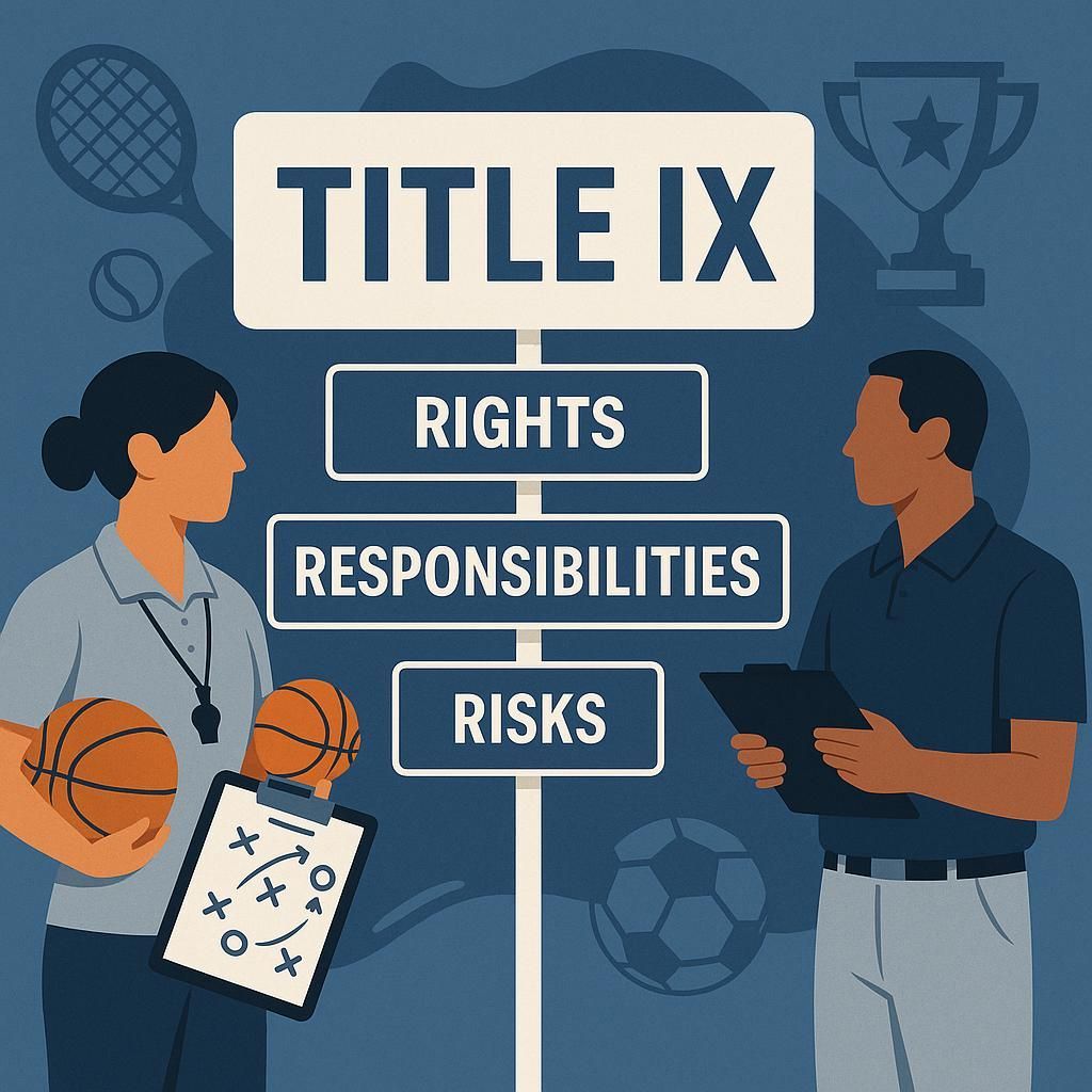 A man and a woman are standing under a sign that says title ix rights responsibilities risks.