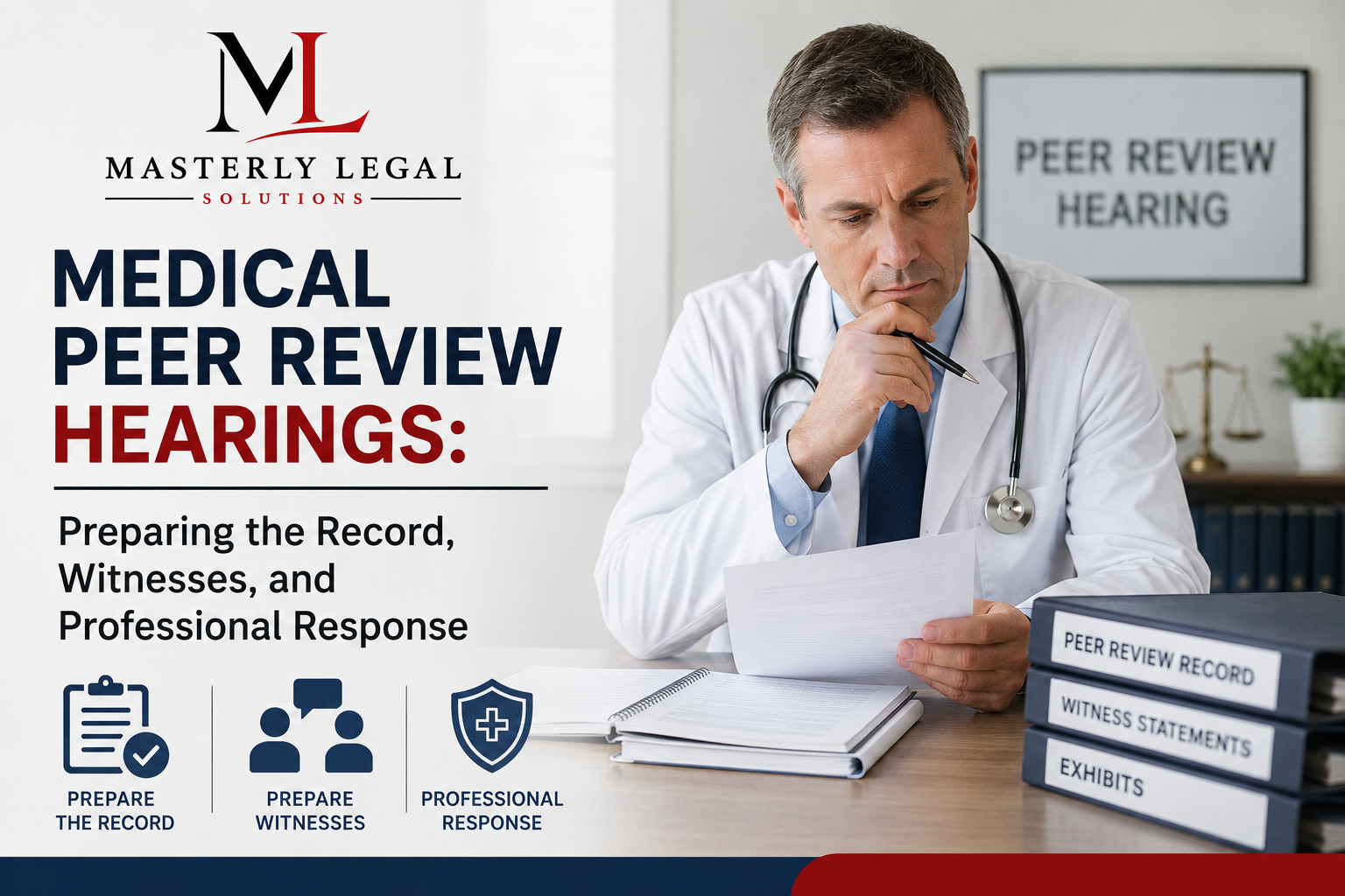 Physician preparing with a peer review hearing attorney.