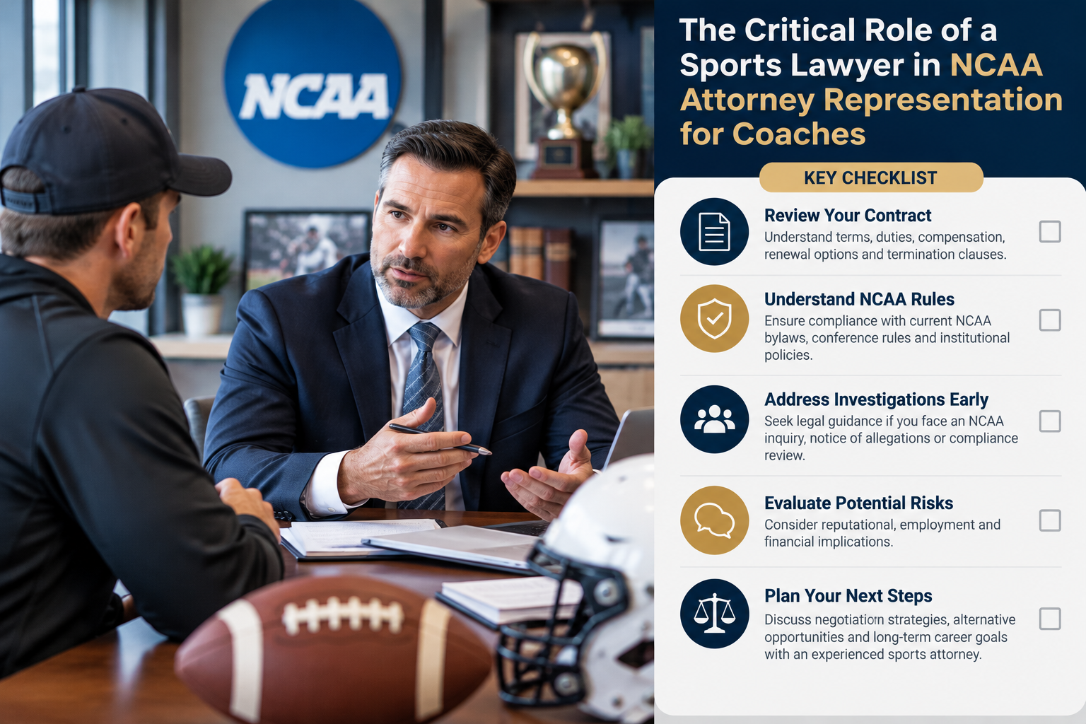 Sports lawyer advising a college coach on NCAA regulations, contracts, investigations, and legal representation.