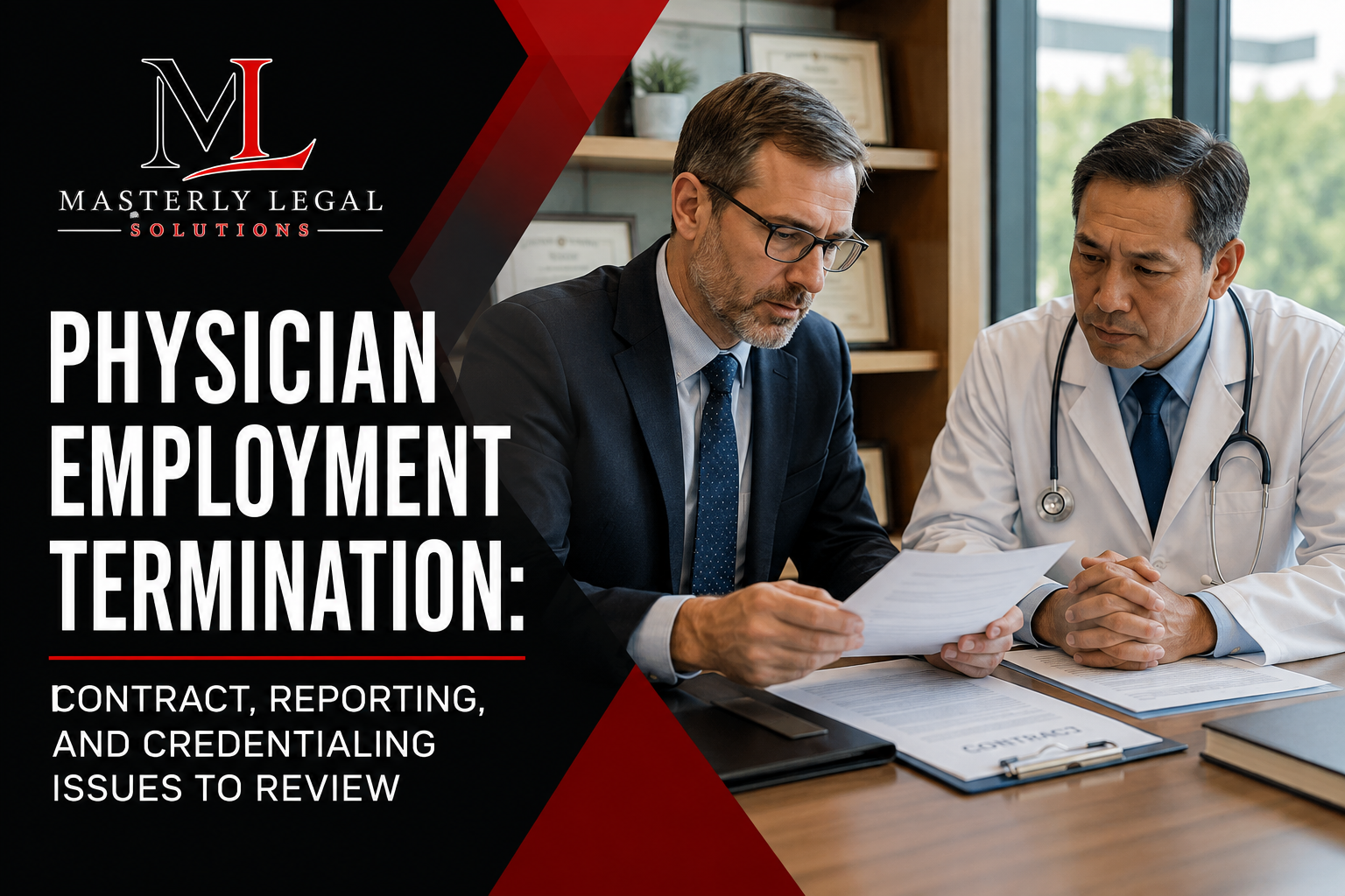 Physician reviewing an employment termination agreement before separation.