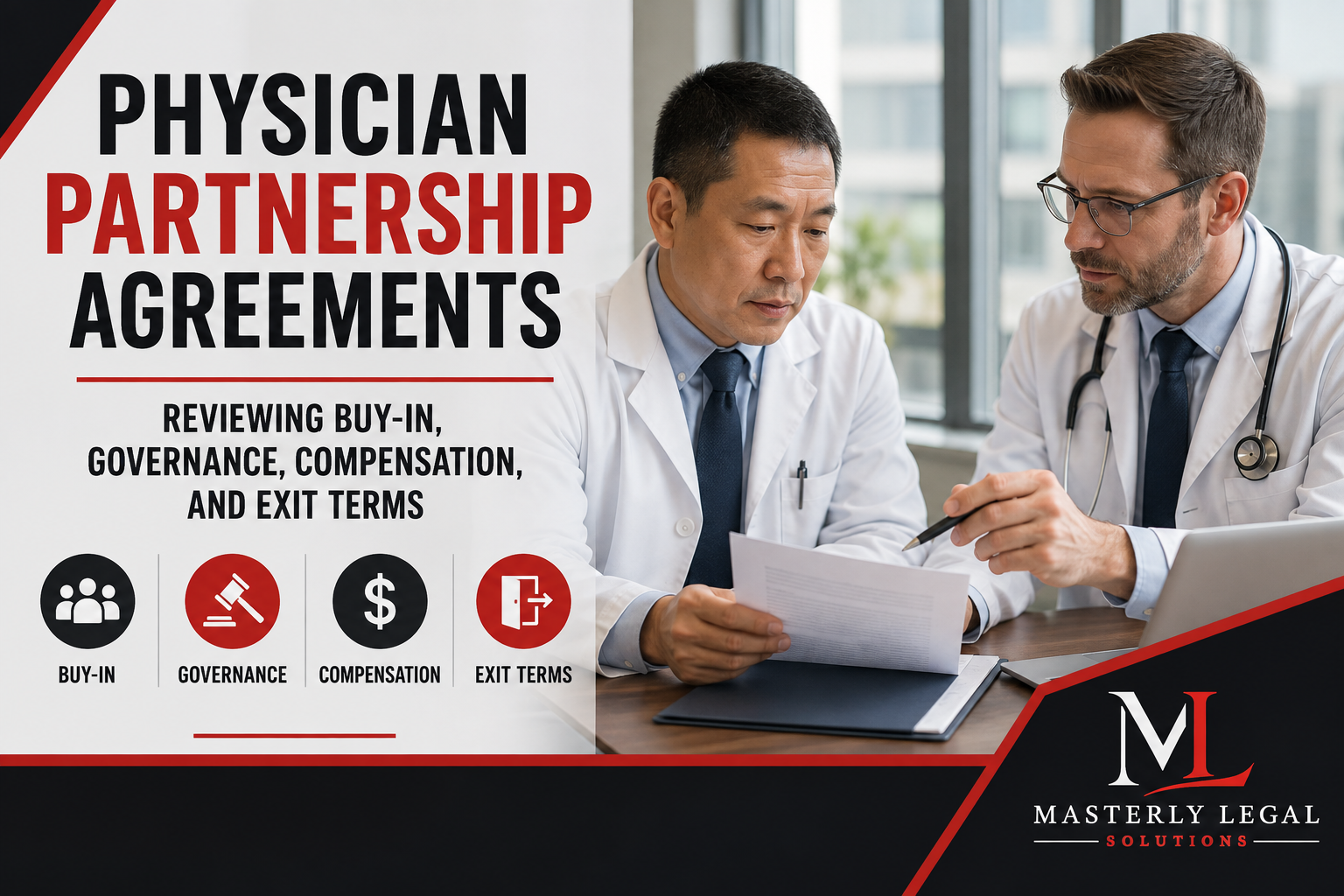 Physician reviewing a partnership agreement before joining a medical practice