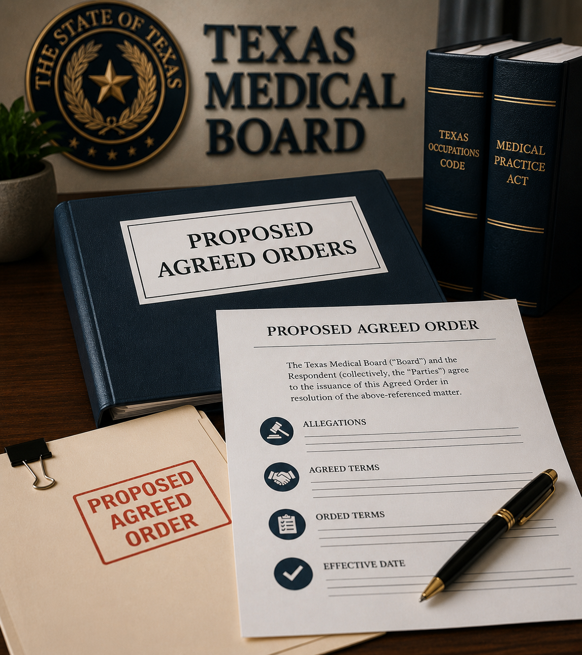Texas Medical Board desk with proposed agreed order documents, folders, and a pen