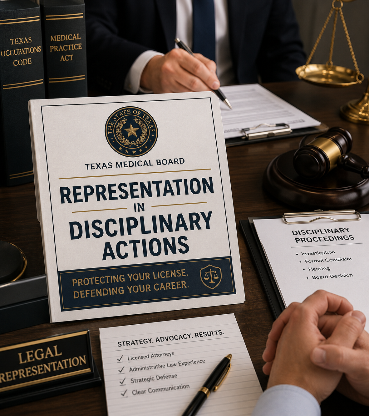 Texas legal aid representation document beside a gavel and signed paperwork on a desk