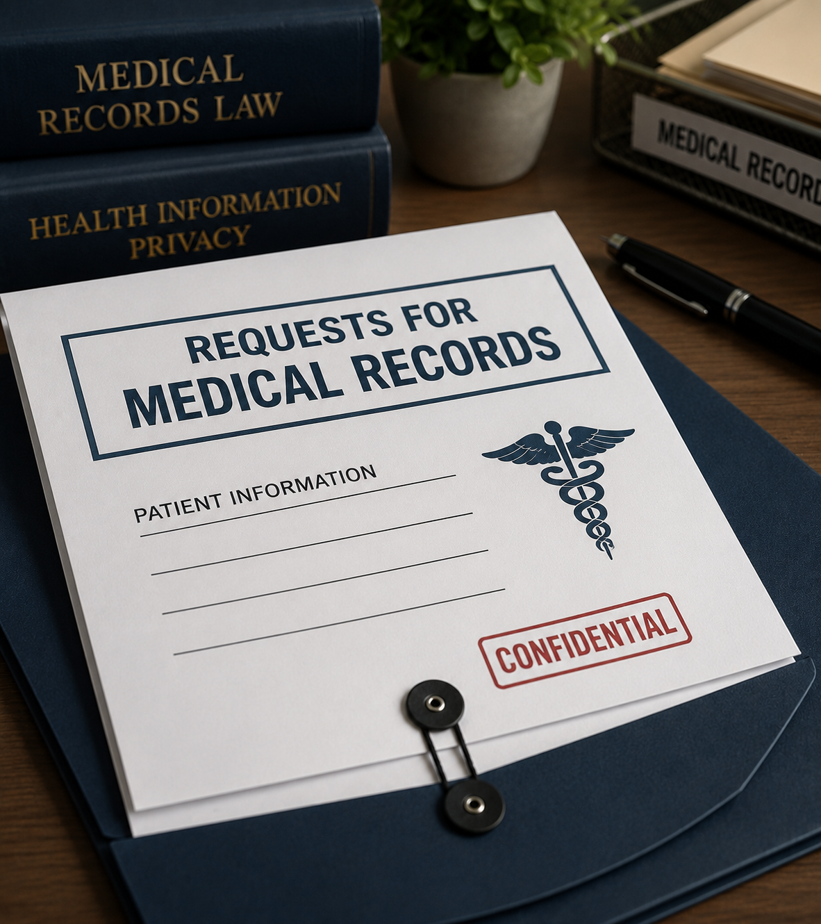 Medical records request form on a dark desk beside a law book and pen, marked confidential