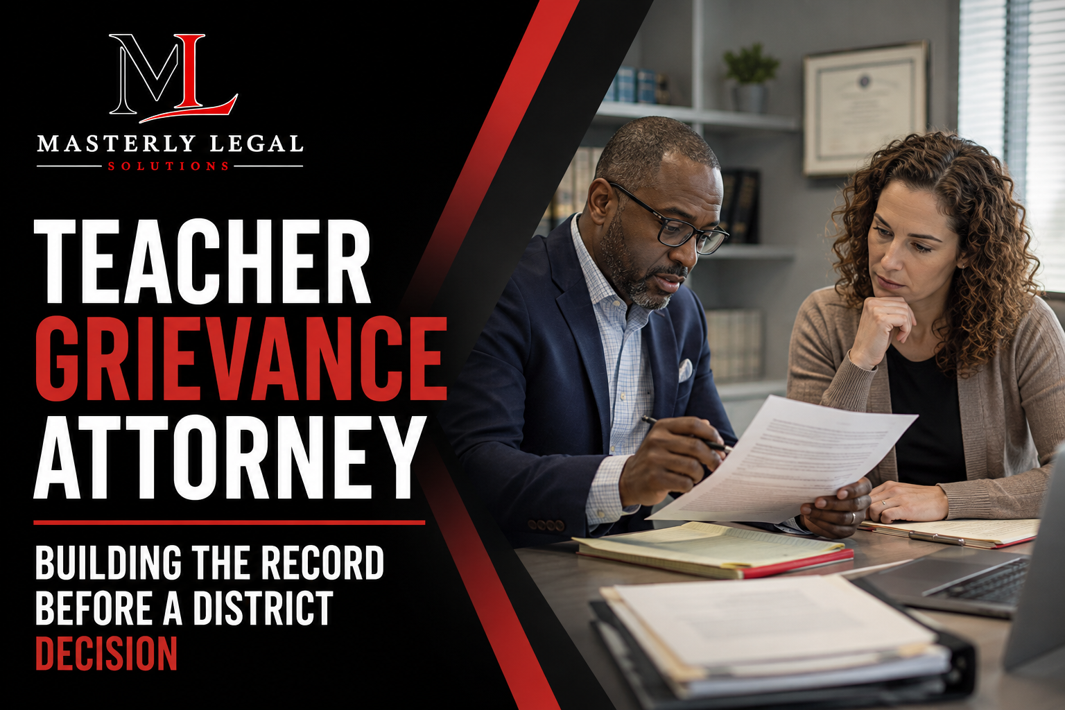 Teacher reviewing grievance documents with a teacher grievance attorney.