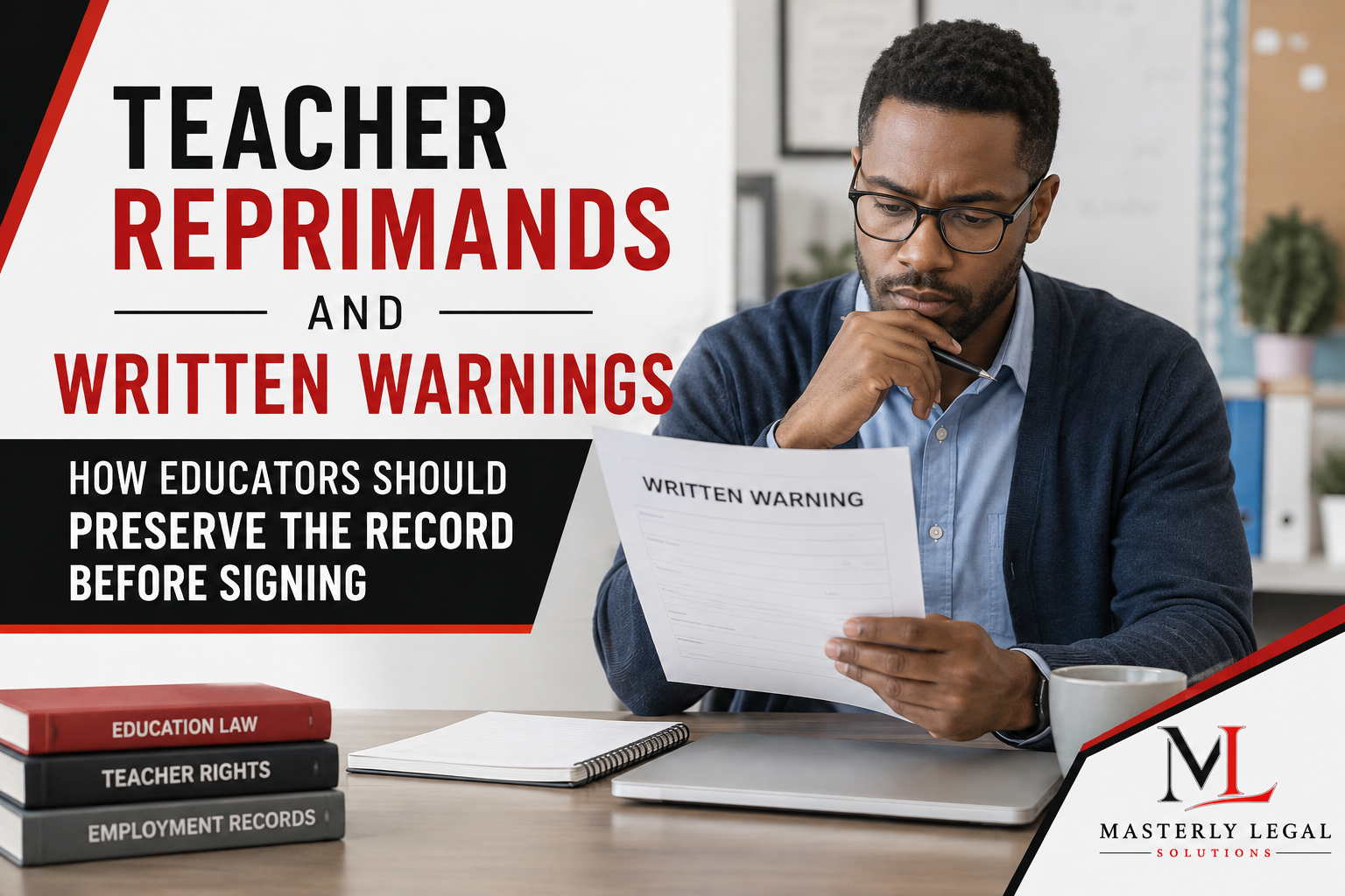Teacher reviewing a written reprimand before signing
