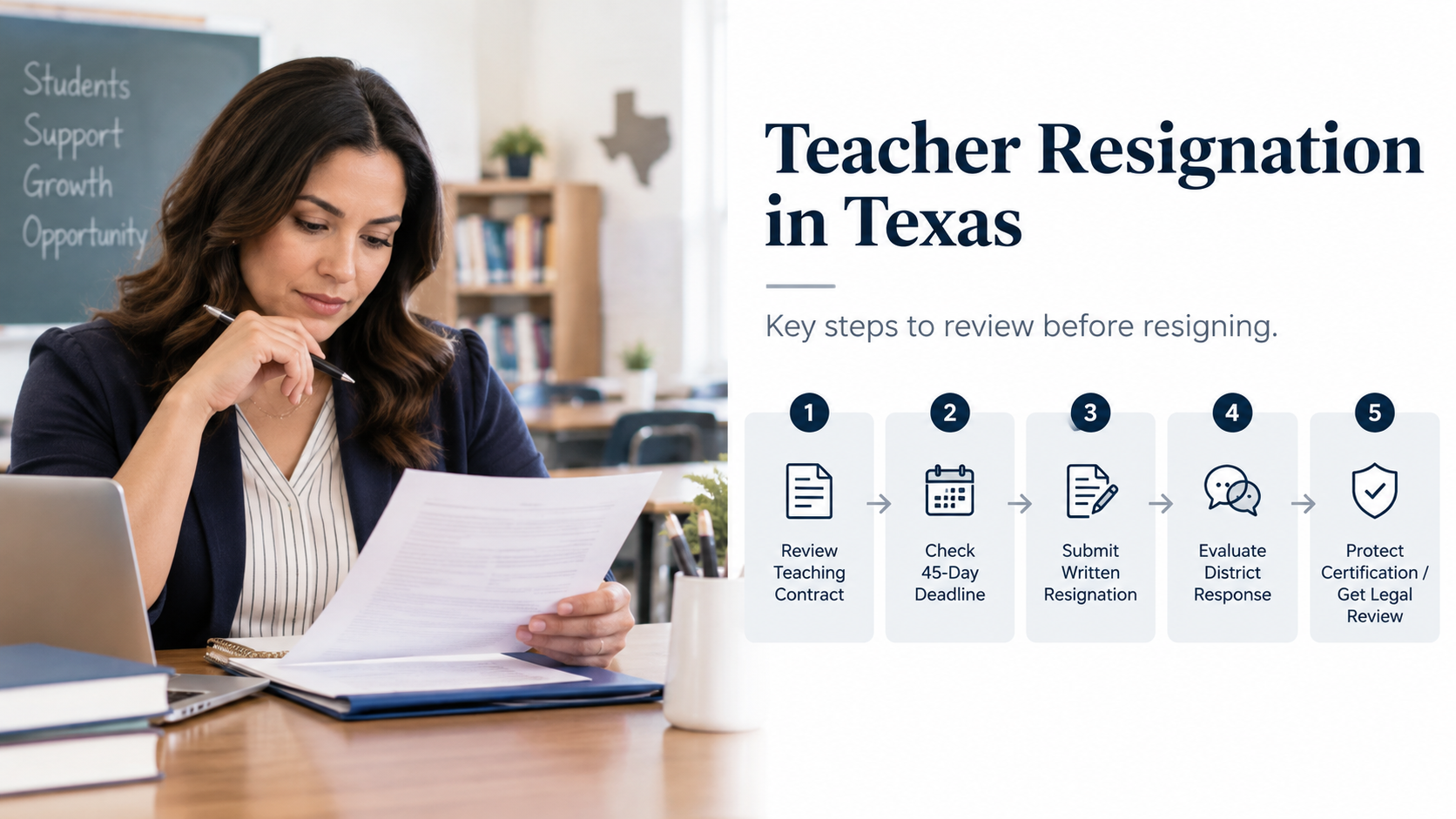 Use a genuine brand-appropriate licensed photo and one useful process  teacher resignation texas