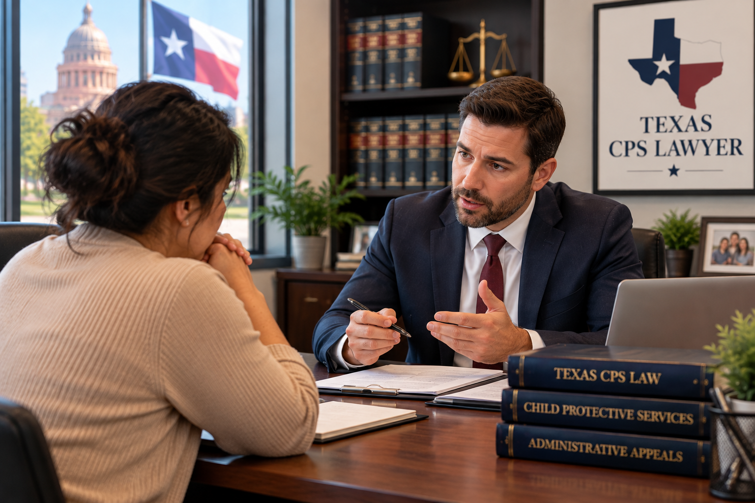Texas parent meeting with a CPS lawyer to discuss a child protective services case.