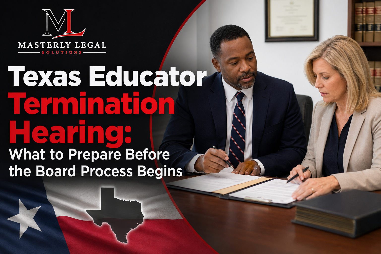 Texas educator reviewing termination hearing documents before a school board hearing.