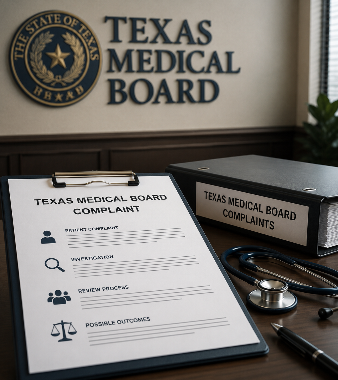 Texas Medical Board complaint forms and office supplies on a desk beside a board sign