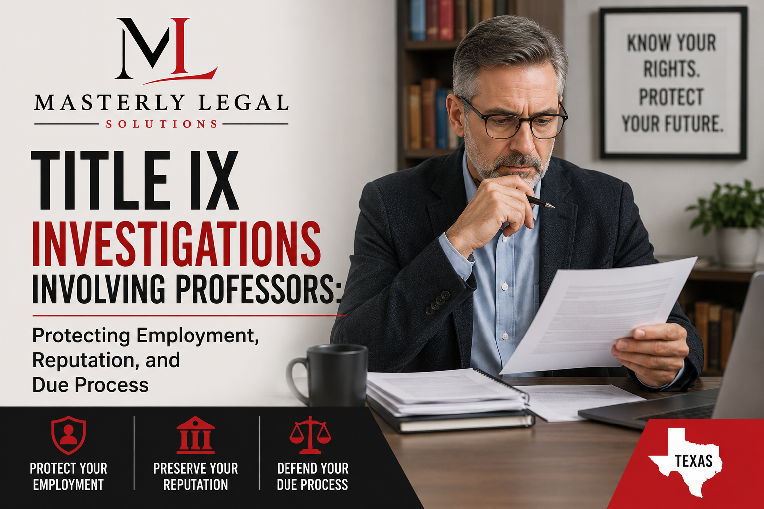 Professor Title IX attorney reviewing university investigation documents with faculty member