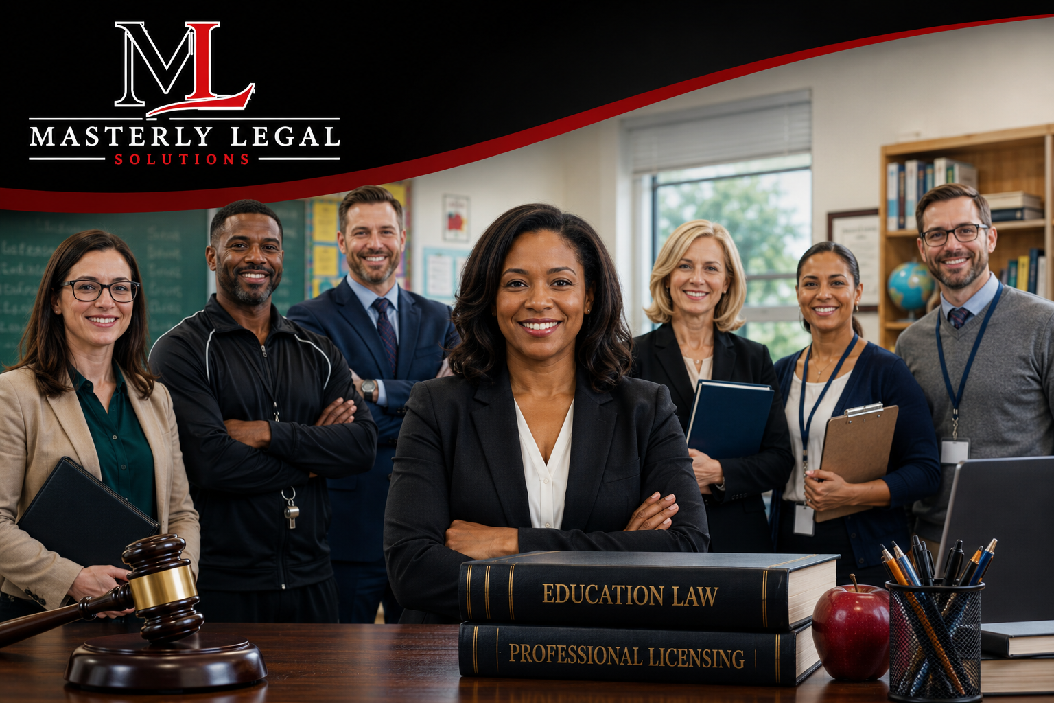 Law firm team posed behind a desk in a modern office, with a logo and legal books visible.