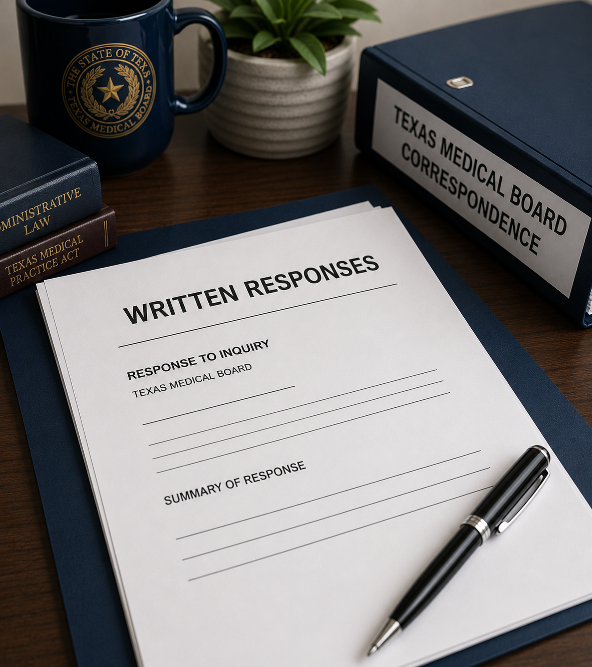 Desk with “Written Responses” form, Texas Medical Board correspondence box, pen, mug, and plant