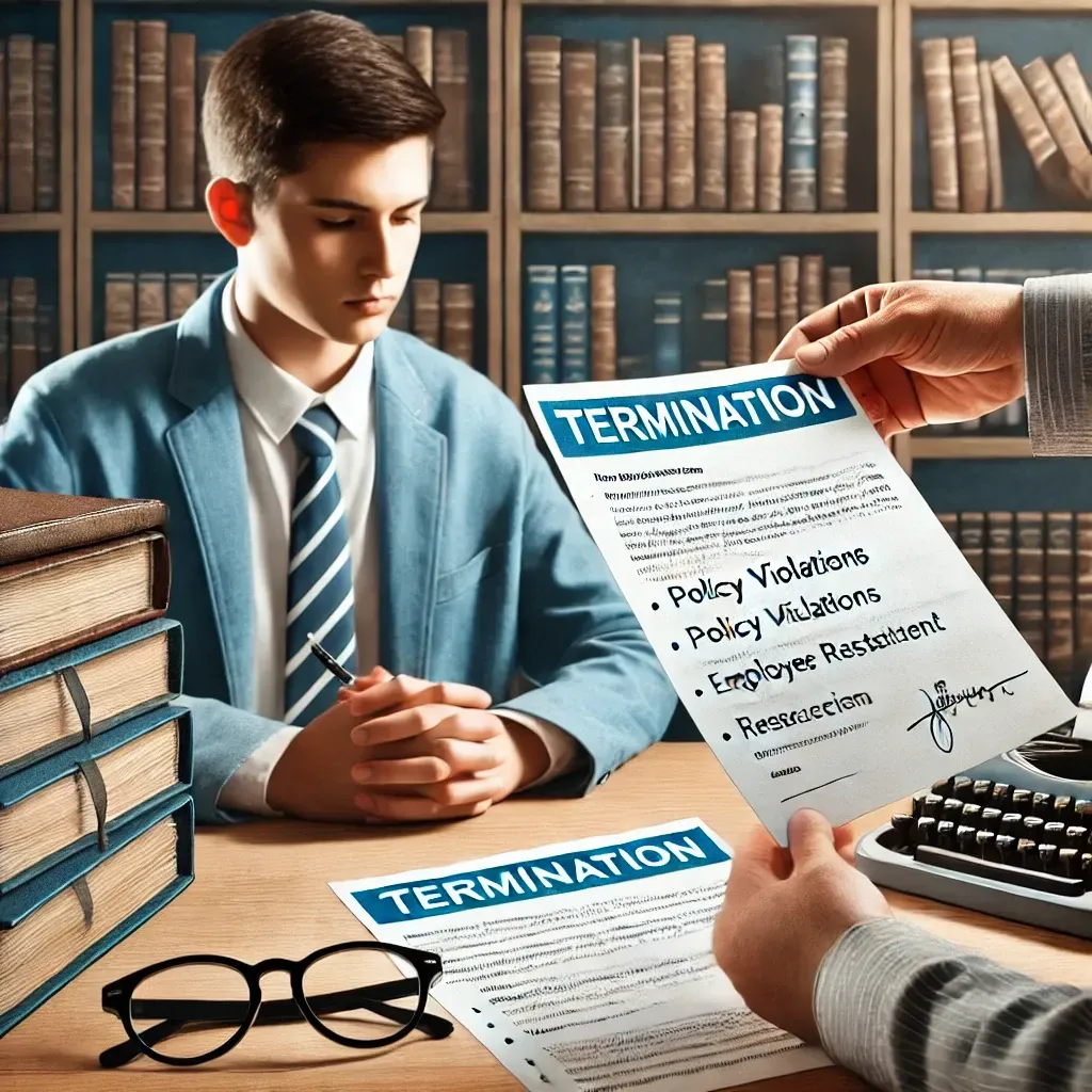 A man is sitting at a desk with a termination letter in front of him.