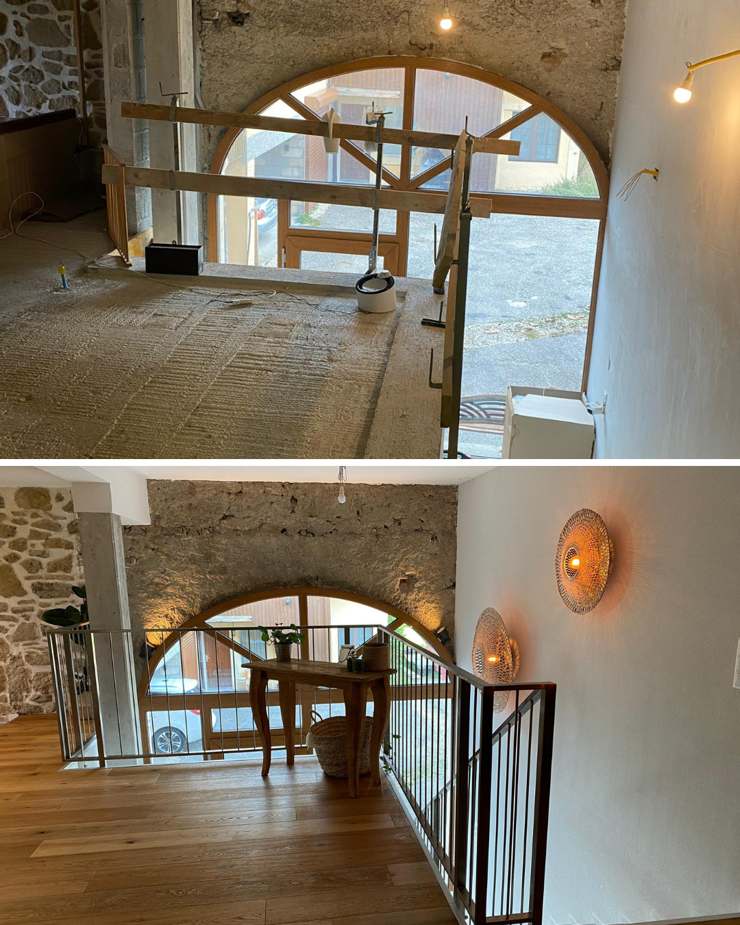 Photos avant/après d'une pièce aux murs en pierre, avec fenêtre cintrée et balustrade. La pièce a désormais un nouveau parquet et une nouvelle décoration.