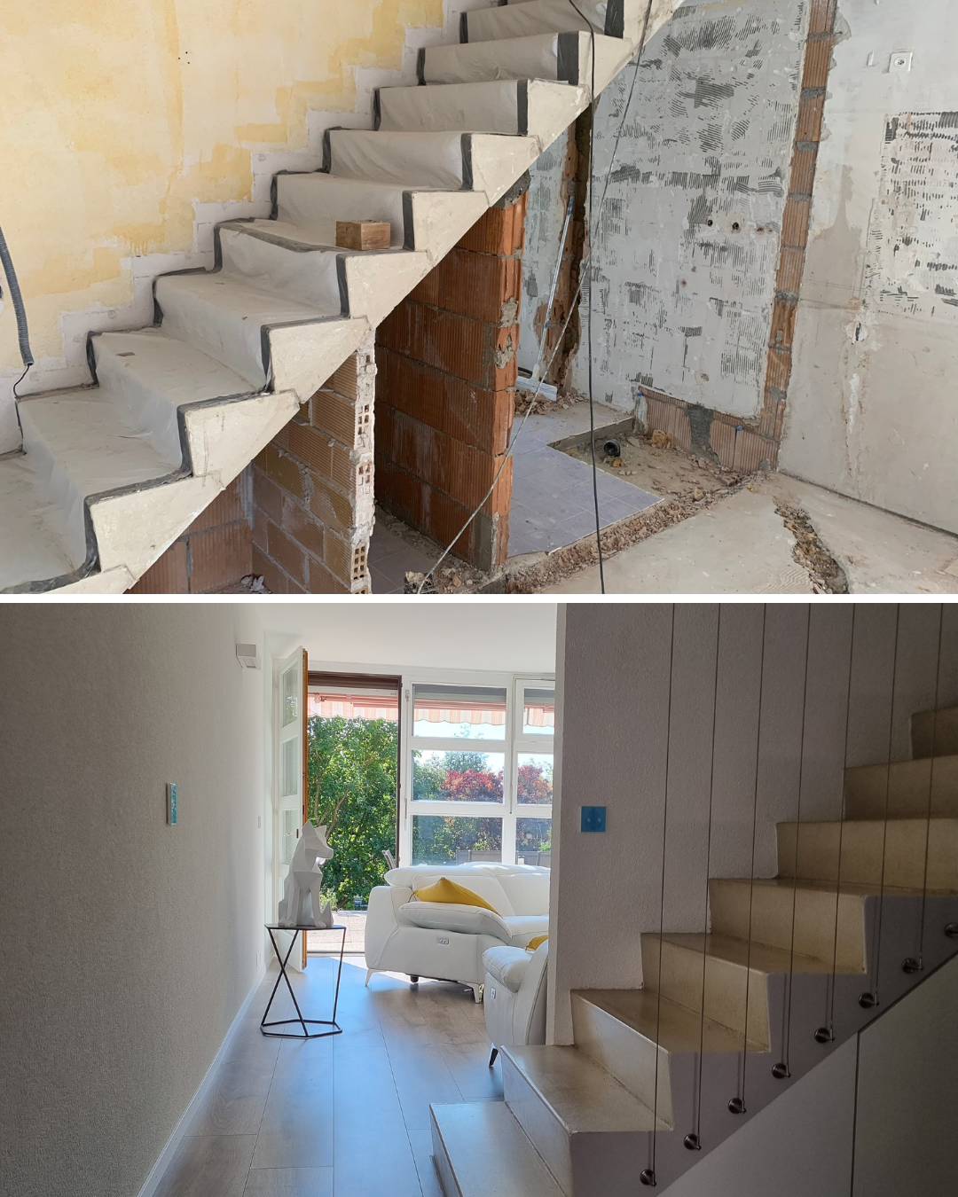 En haut : Escalier en construction. En bas : Escalier terminé donnant sur un espace de vie lumineux.