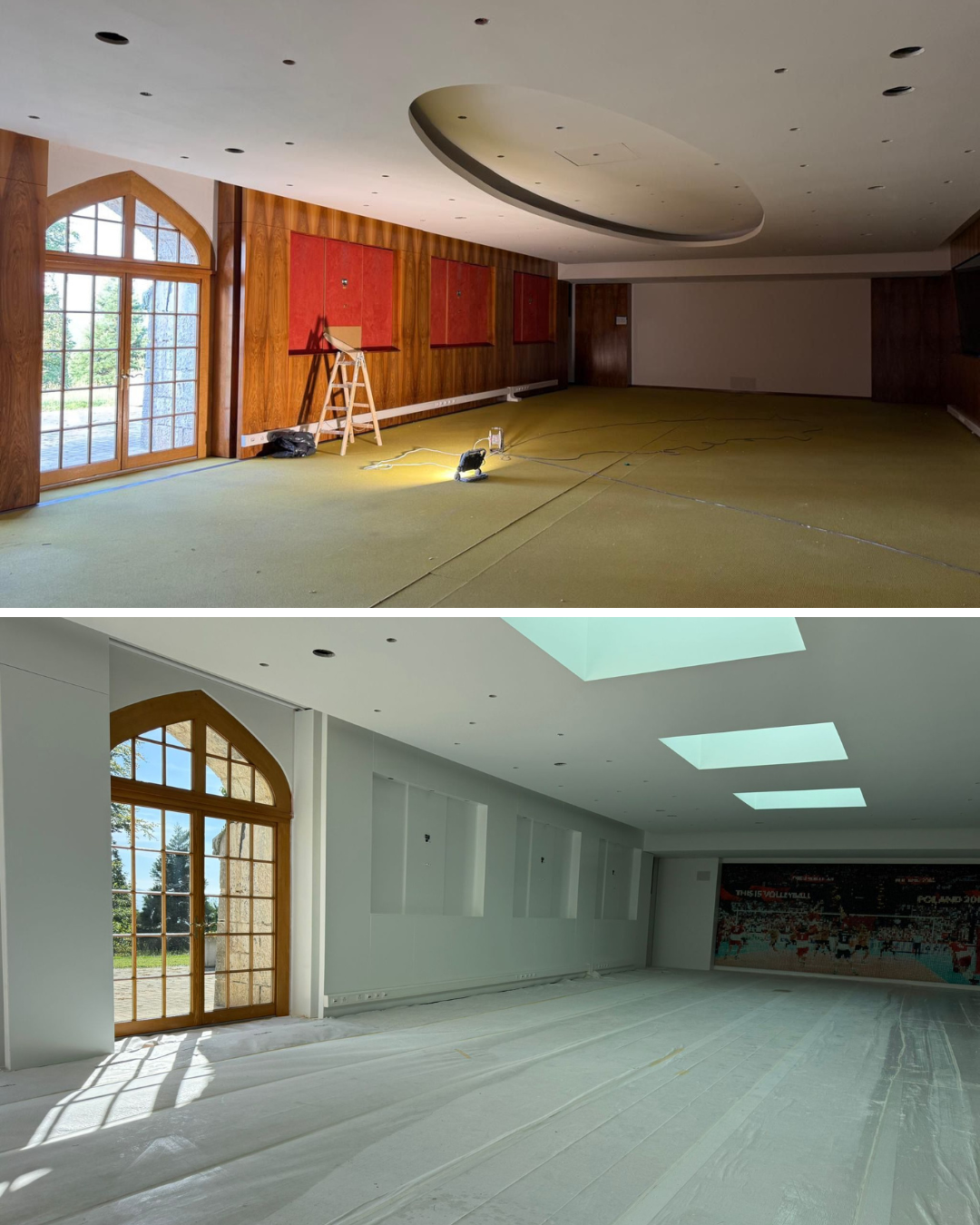 En haut : Pièce intérieure en travaux avec fenêtre cintrée et lambris. En bas : Intérieur rénové avec murs blancs et puits de lumière.