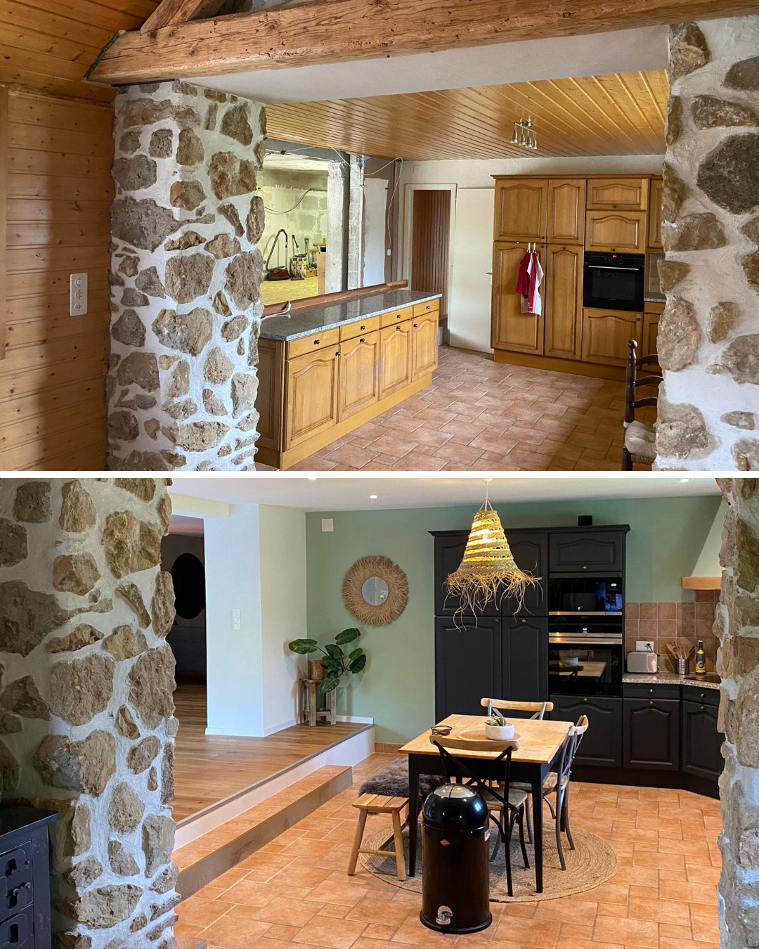 Rénovation de cuisine avant et après : cuisine d'origine avec placards en bois, cuisine modernisée avec des tons gris et vert clair.