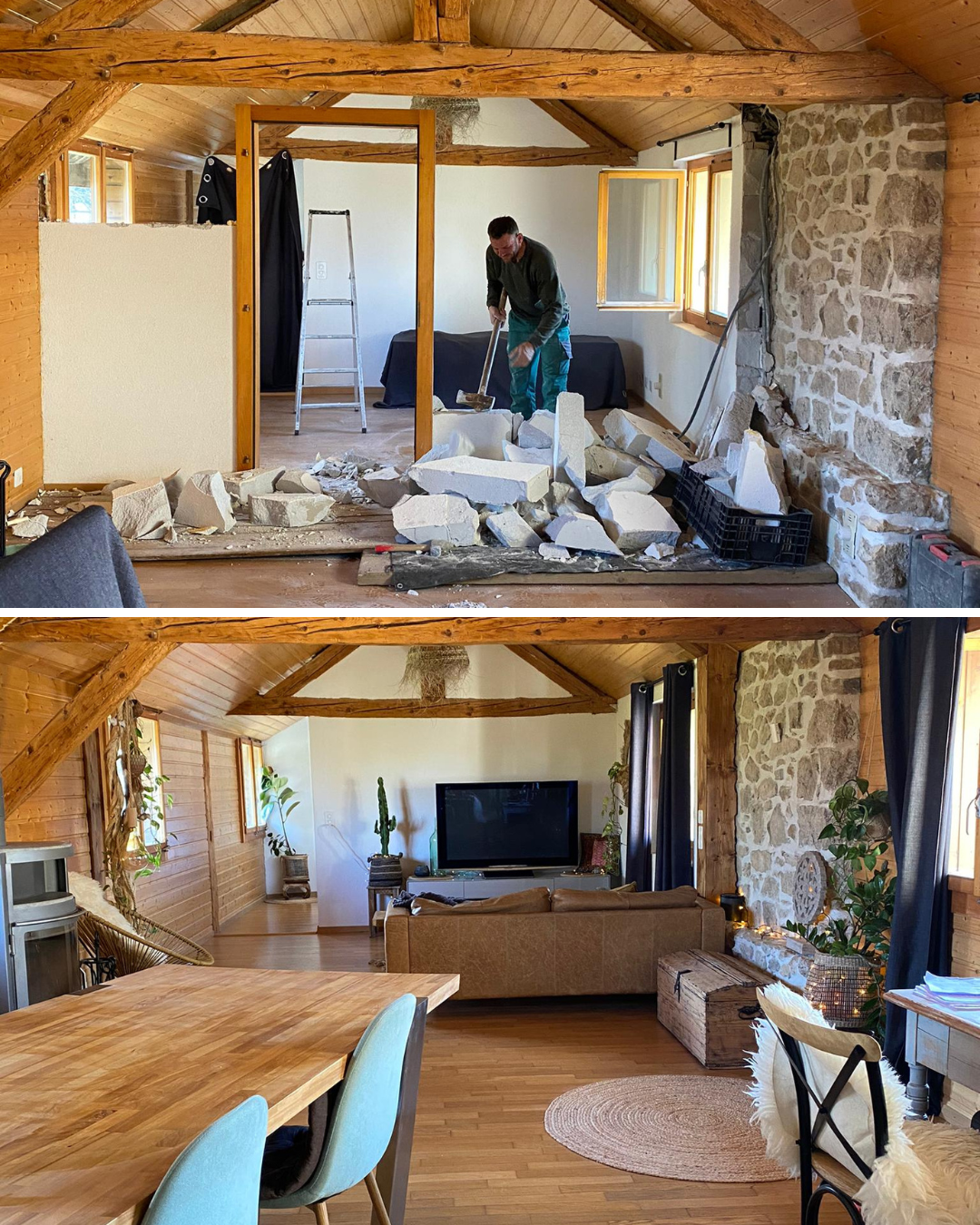En haut : Un homme démolit un mur en pierre à l’intérieur d’une pièce aux poutres apparentes. En bas : Pièce terminée avec mur en pierre apparente et mobilier.
