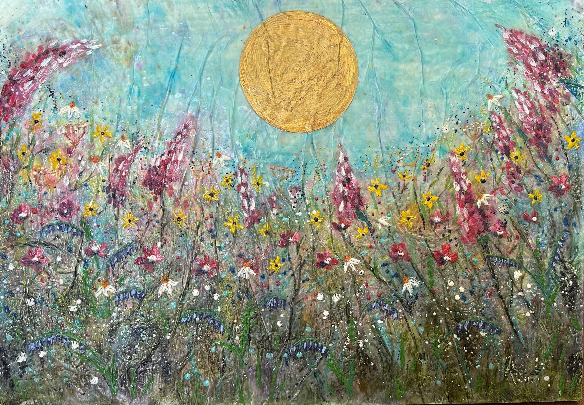 A painting of a field of flowers with a gold moon in the background.