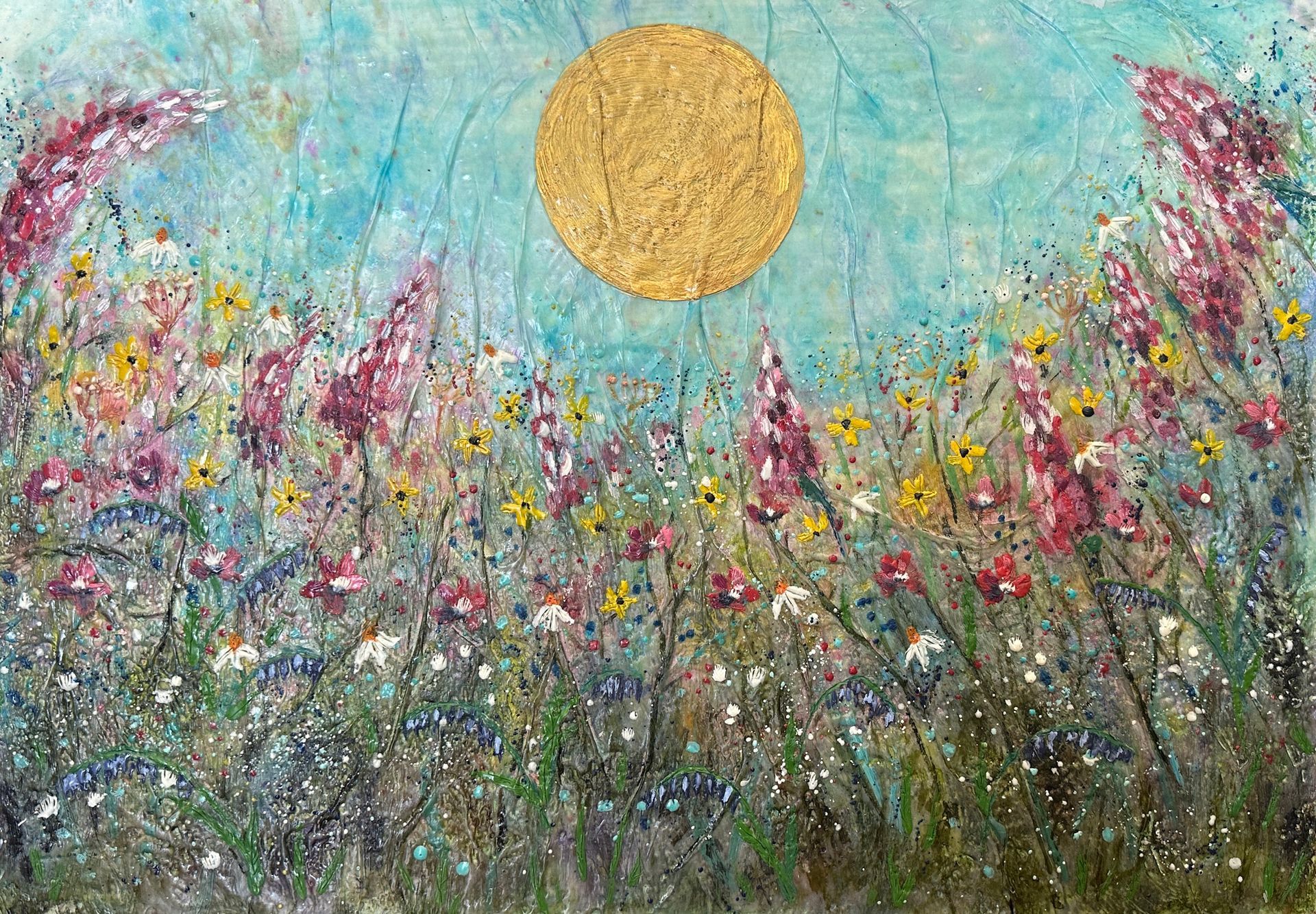 A painting of a field of flowers with a golden sun in the background.