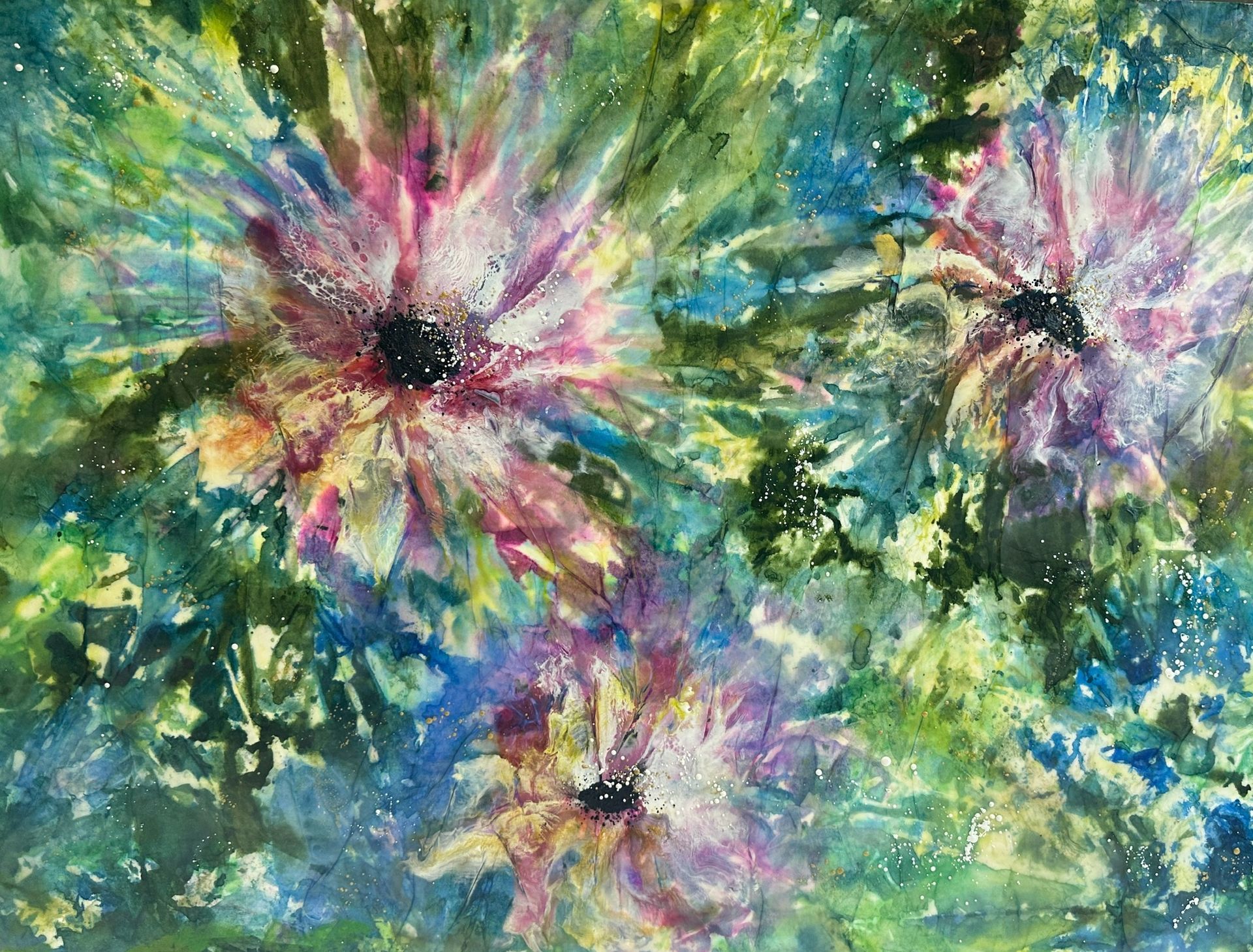 A watercolor painting of three flowers on a green and blue background.