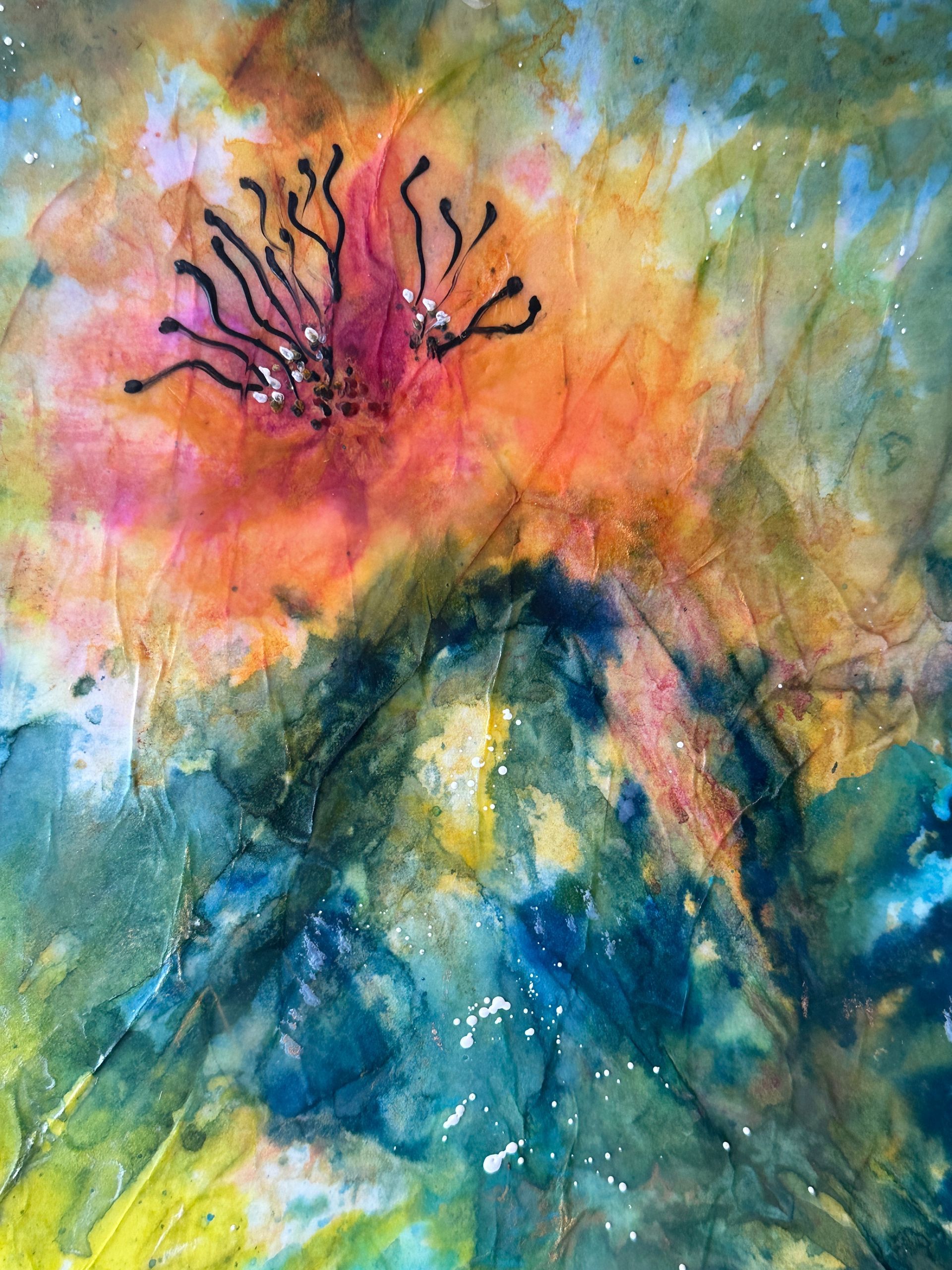 A painting of yellow and blue flowers on a blue background