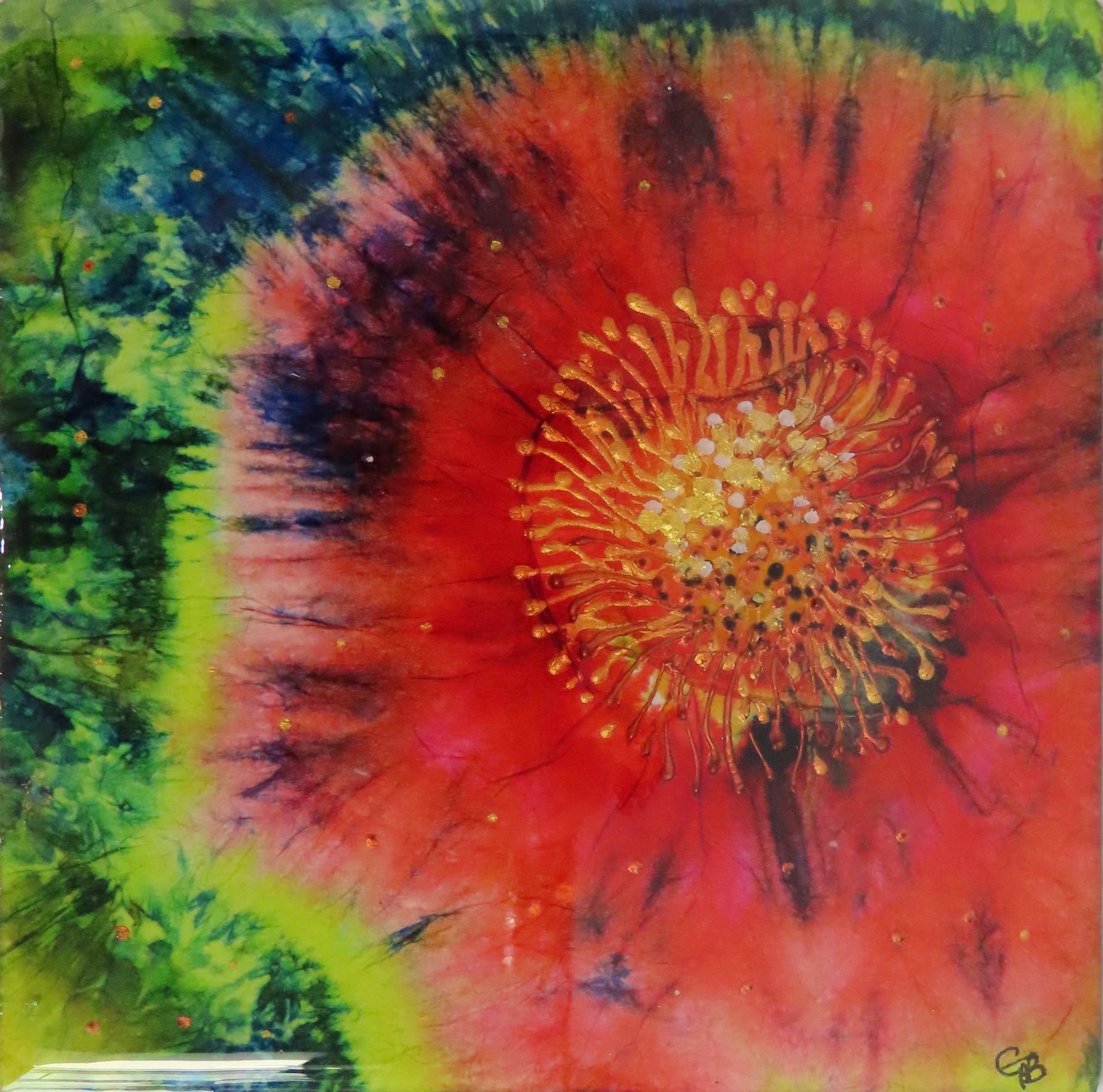 A painting of a red flower with a yellow center